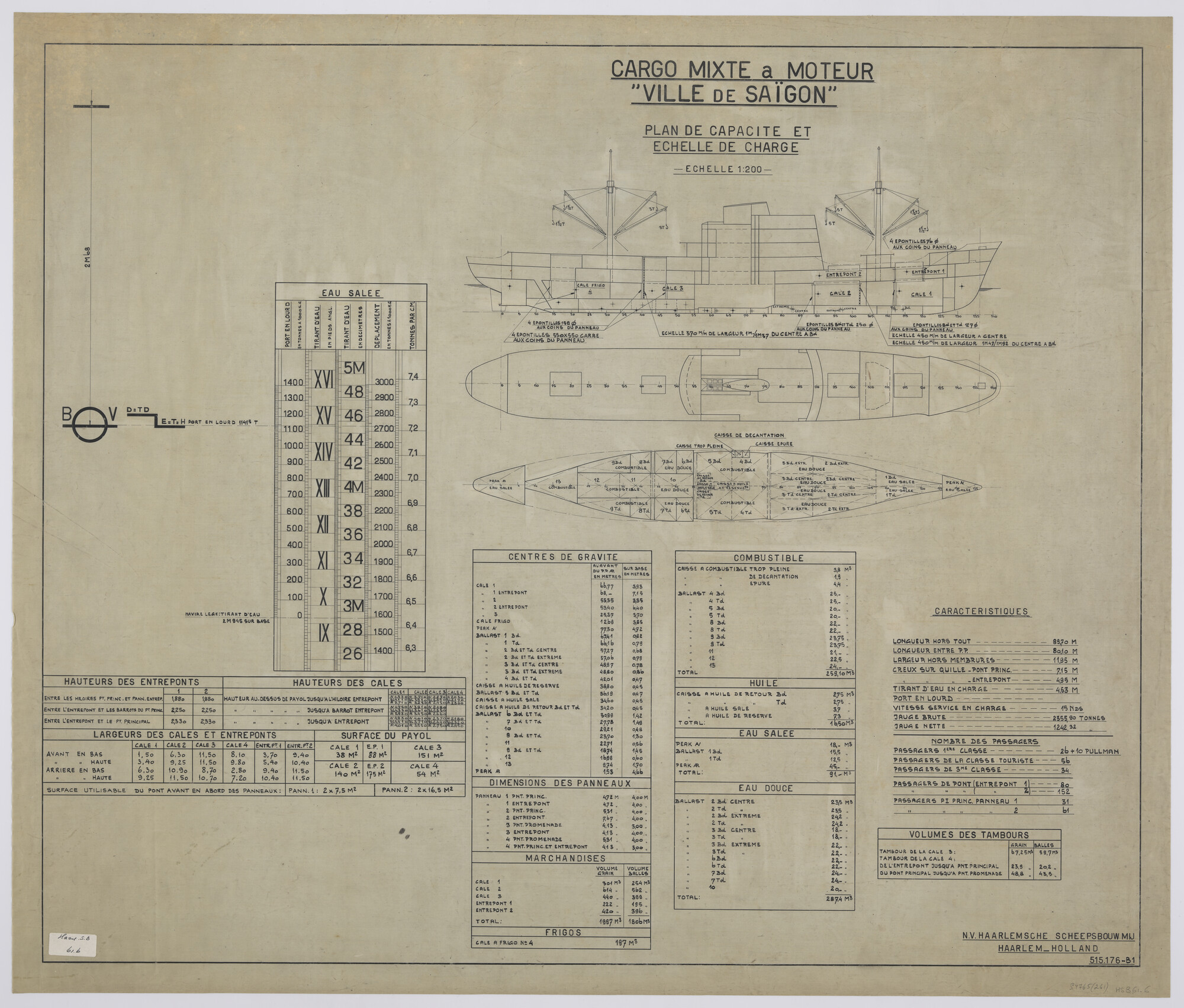 S.4765(261); Capaciteitsplan van het Franse vracht- en passagiersschip ms. Ville de [...]; technische tekening