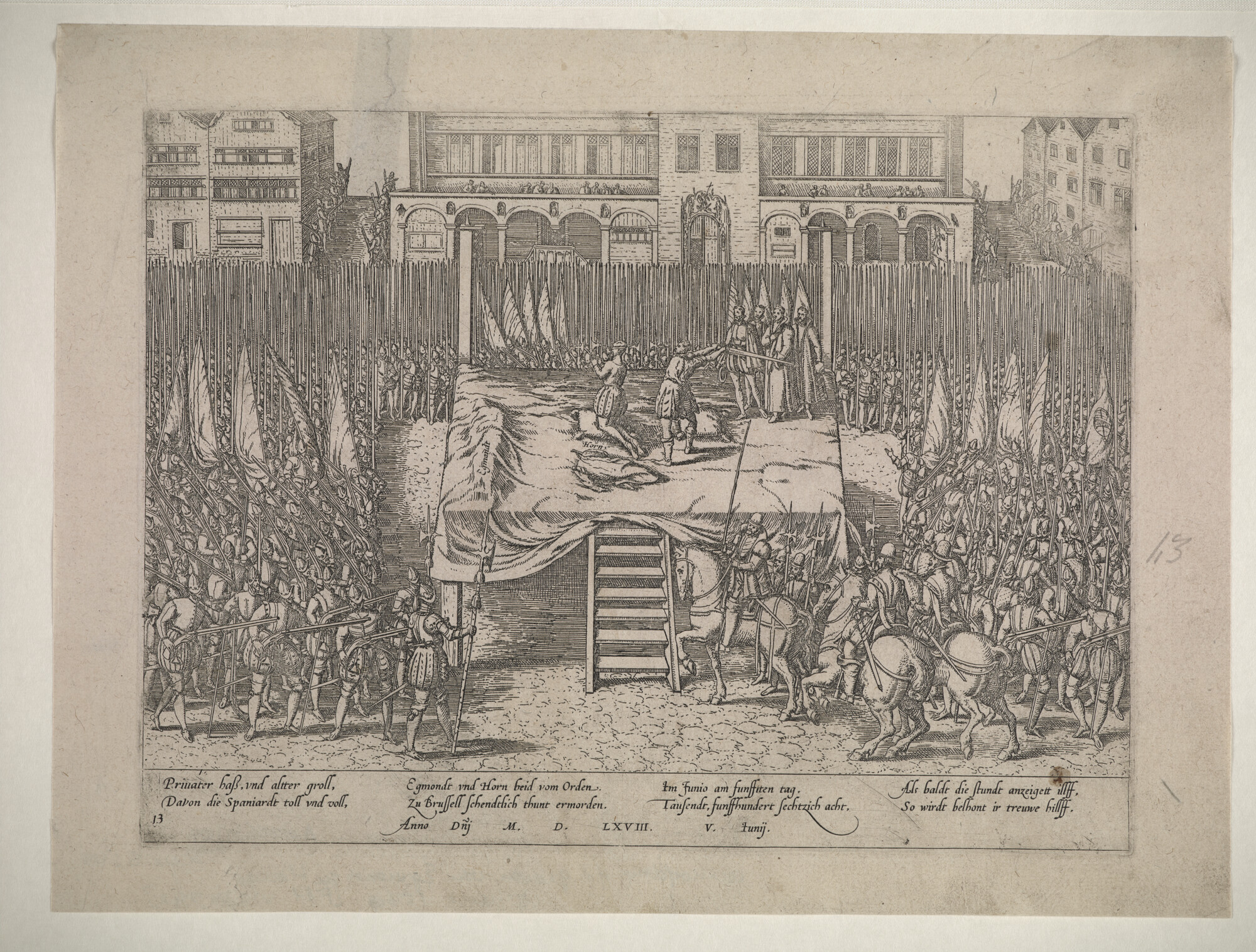 A.0145(027)107; Onthoofding van Egmond en Hoorne op de Grote Markt te Brussel, 5 juni 1568; prent