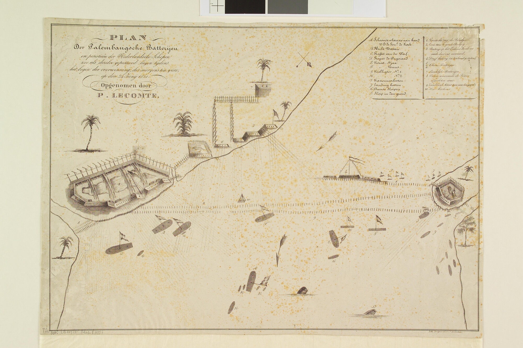 B.0107(02); Plattegrond van de Palembangse batterijen en de Nederlandse schepen, 1821; prent