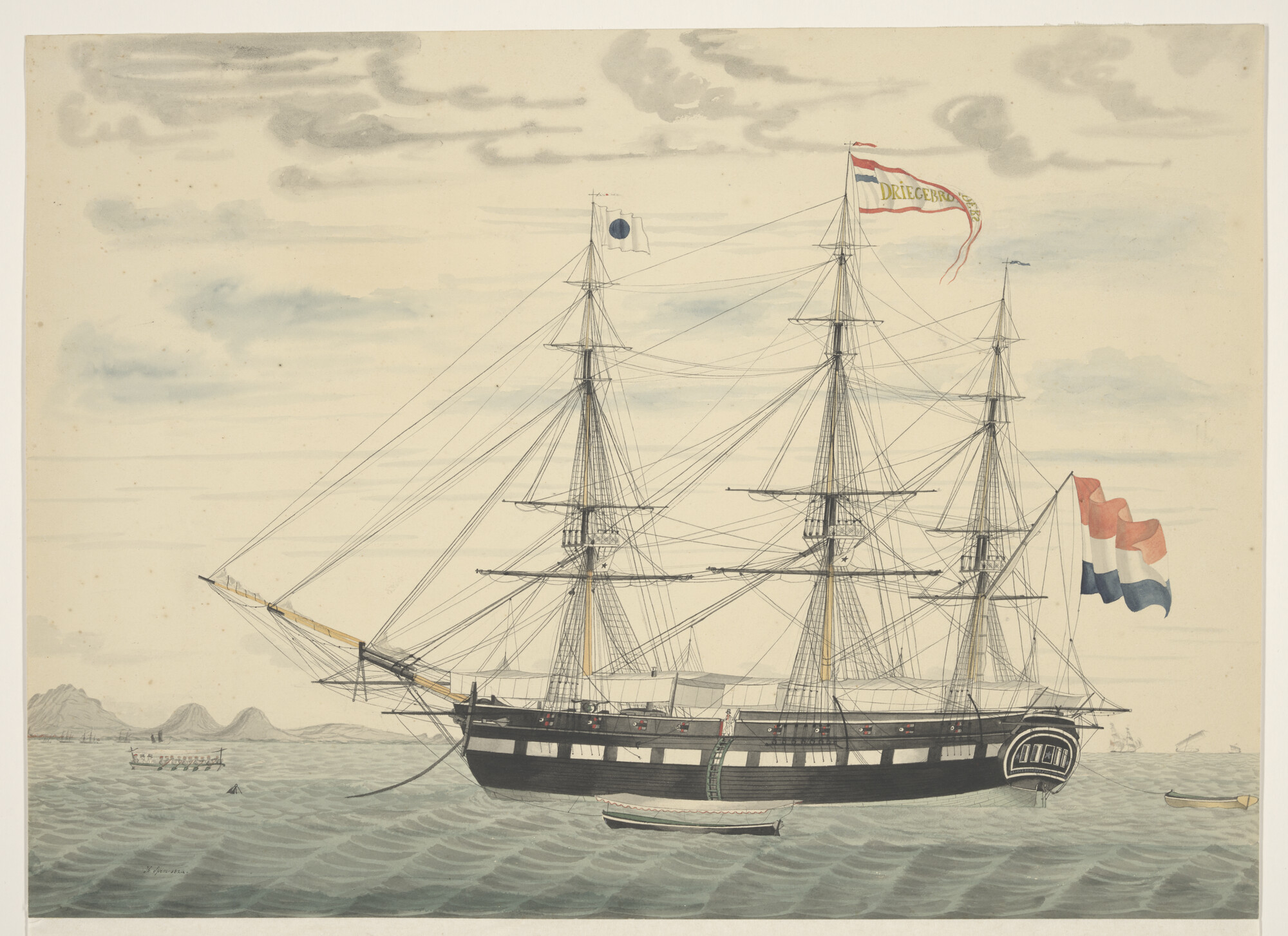 S.1603(65); Het fregatschip Drie Gebroeders voor anker liggend; tekening