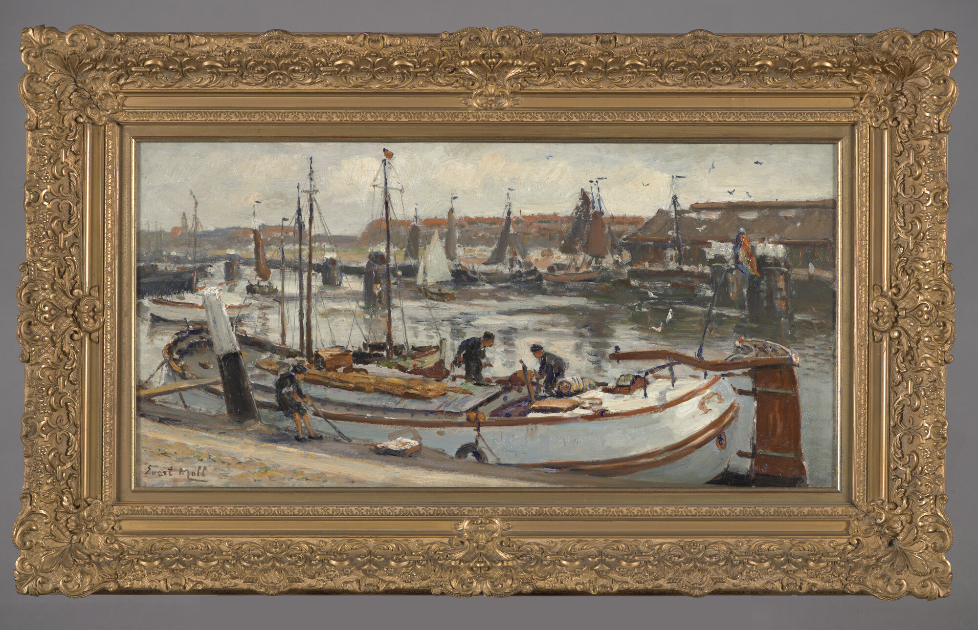 1994.2099; Afgetuigde tjalk aan de kade van de Tweede Binnenhaven van Scheveningen; schilderij