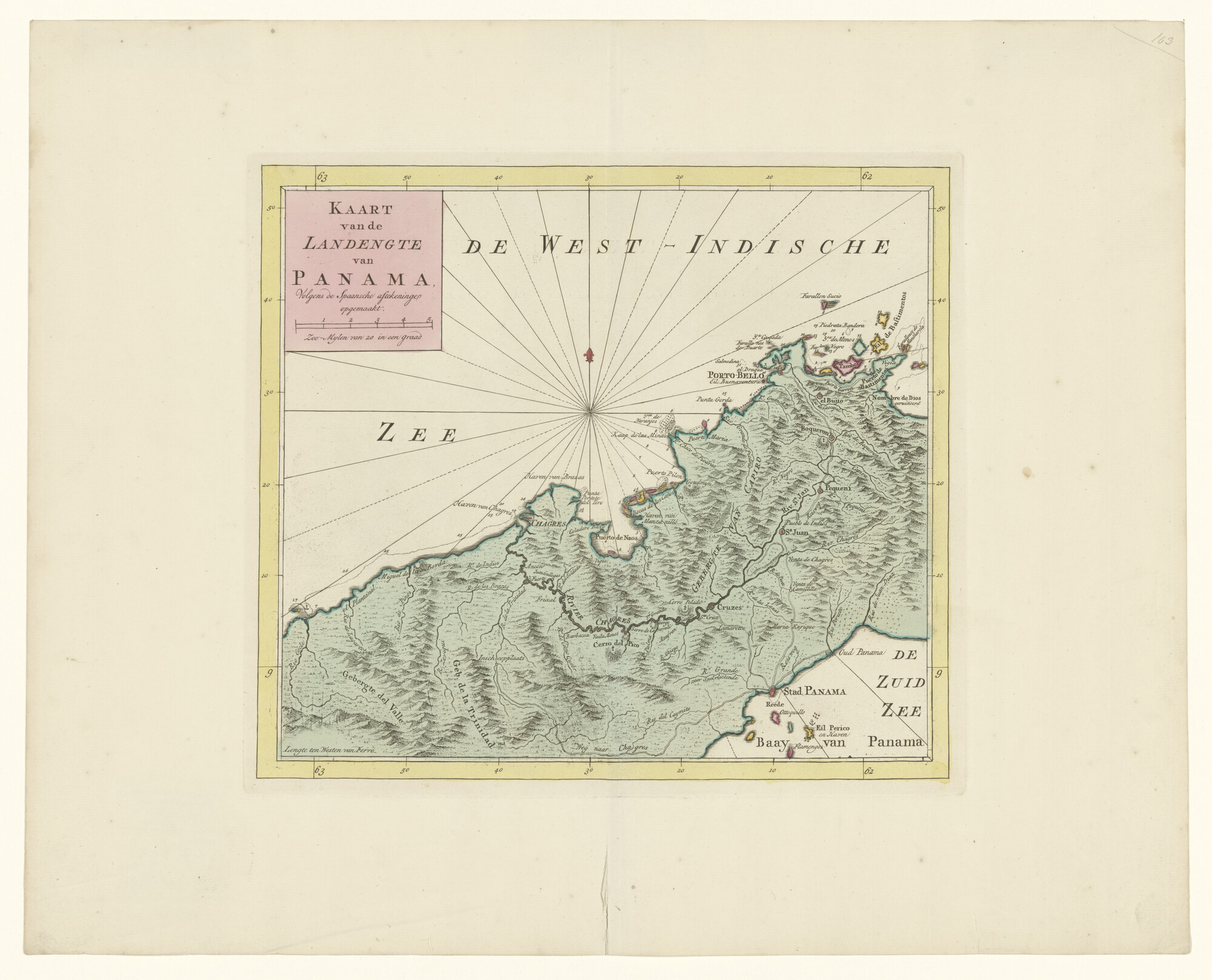 A.3845(01)070; Met de hand gekleurde kaart van de landengte van Panama volgens Spaanse aftekeningen, circa 1750; landkaart