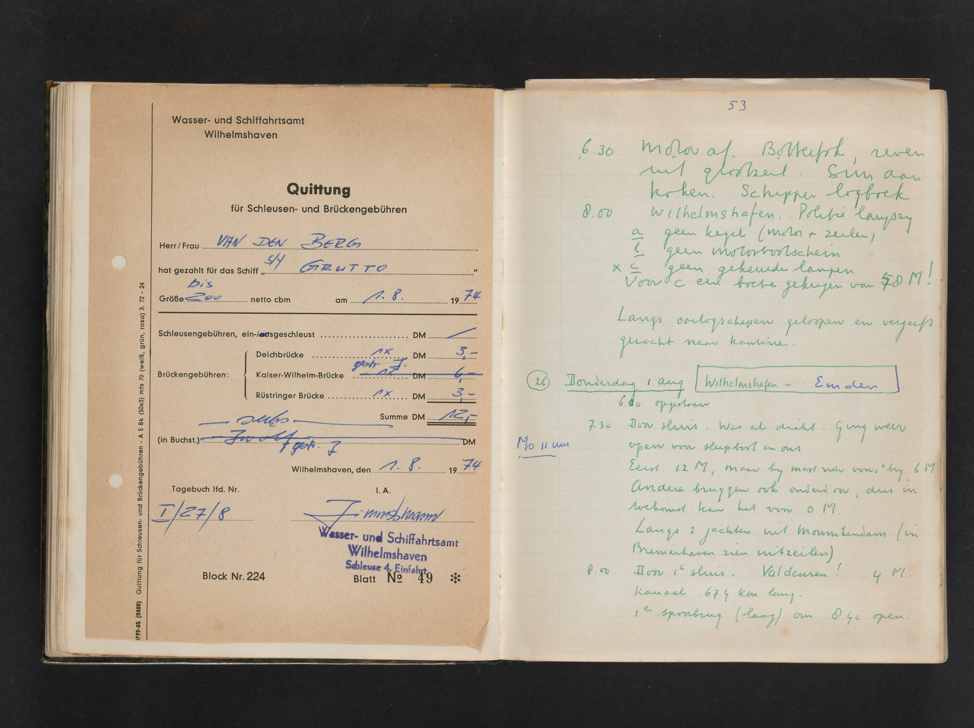 2017.0802; Logboek c.q. fotoalbum van reizen met zeeschouw Grutto (II) in Nederland, Duitsland en Denemarken, 1973-1974; logboek