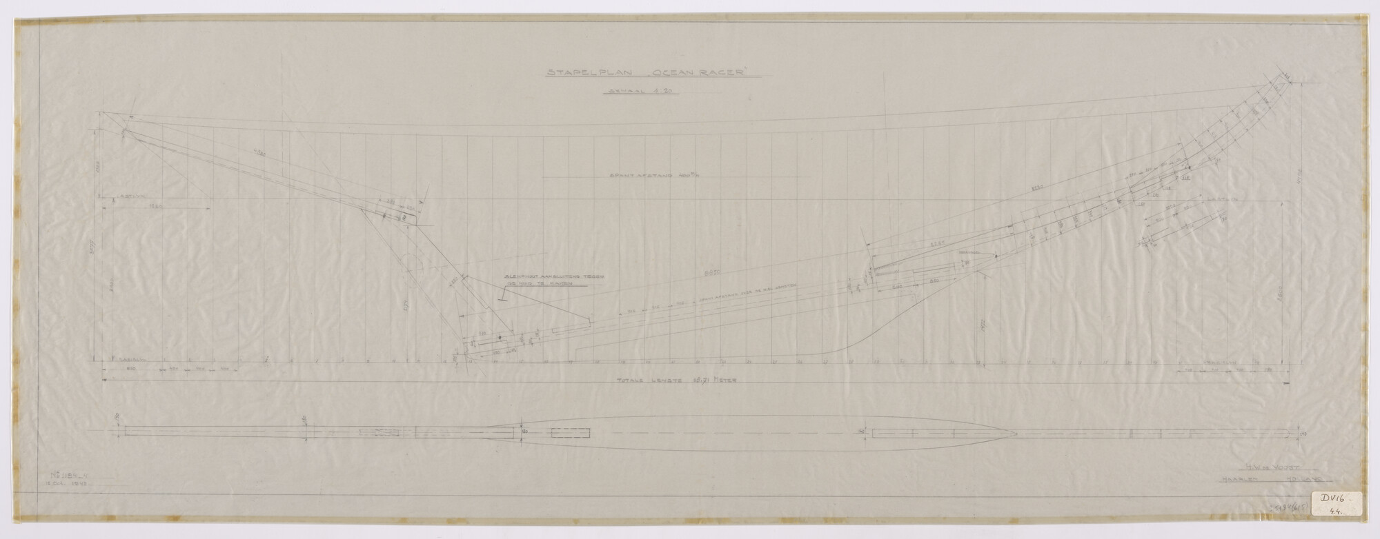 S.5184(615); Stapelplan voor de kiel van een tweemast oceaanracer; technische tekening