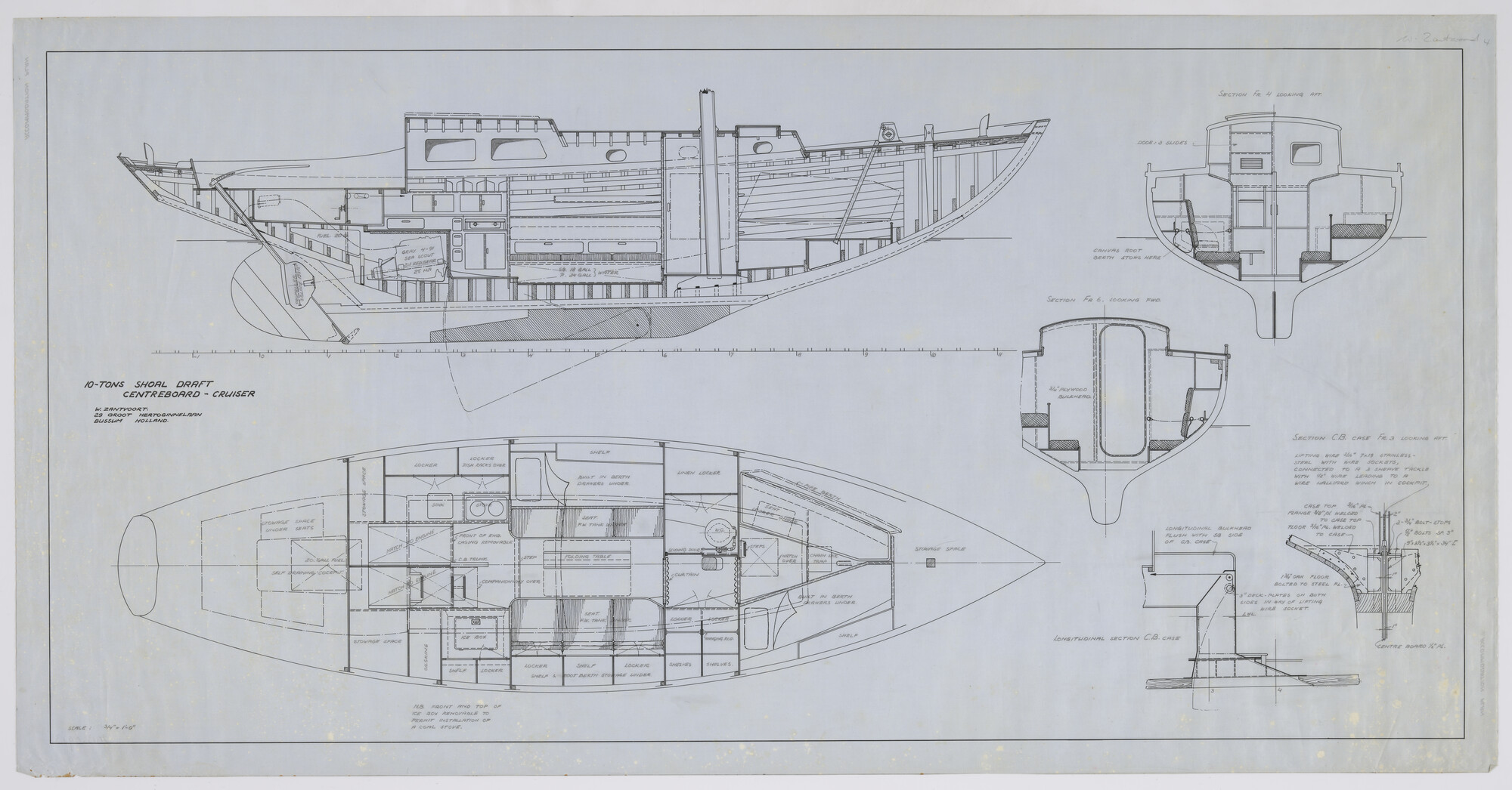 2013.0913; Constructieplan met indelingsplan van een houten 10-tons shoal draft centreboard cruiser van 37'-7" (11.455 meter); technische tekening