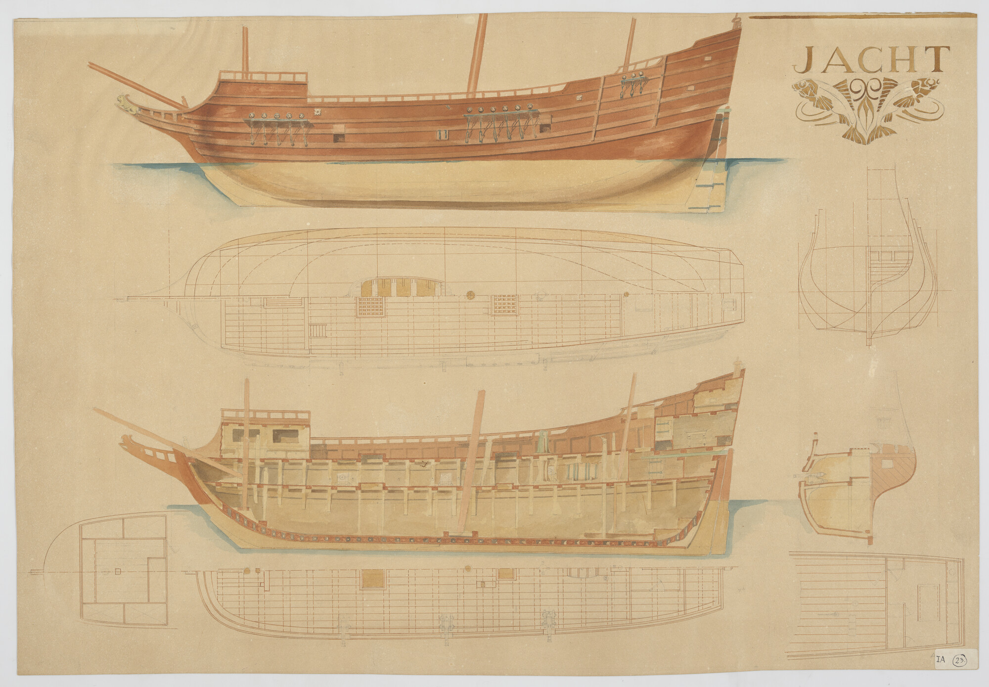 A.5335(08); Reconstructietekening van een spiegeljacht uit omstreeks 1650; technische tekening