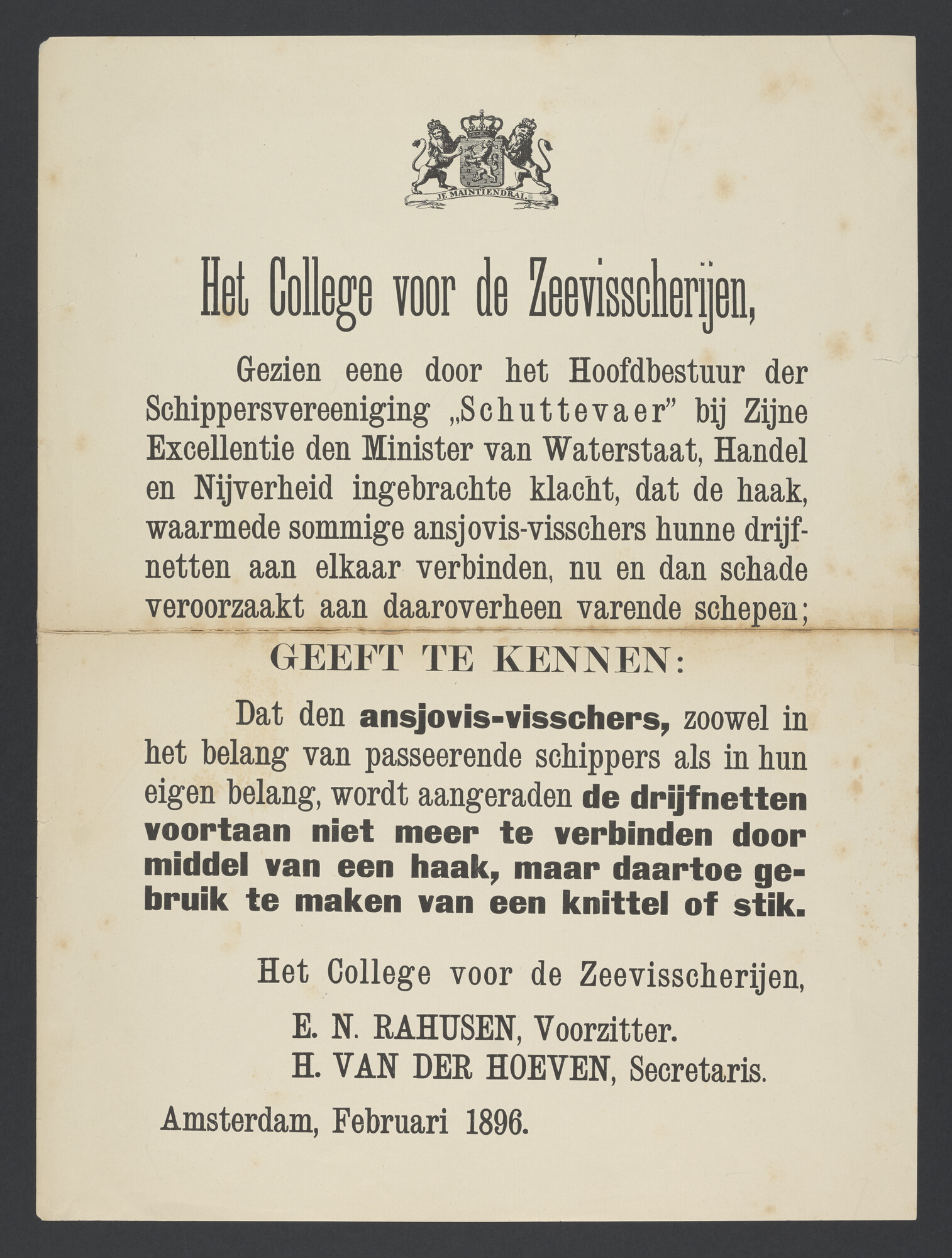 1993.4783; Pamflet van het College voor de Zeevisscherijen over veranderingen in de vismethoden voor ansjovis; pamflet