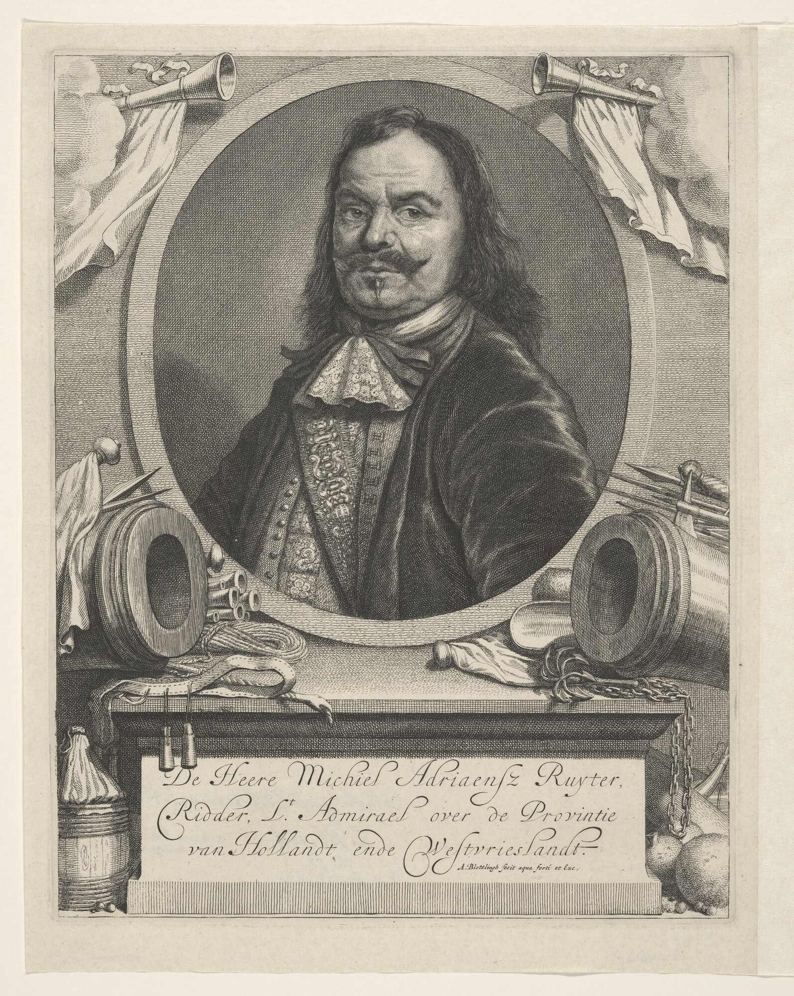 A.3024(06)o; Portret van Michiel de Ruiter, borststuk naar voren en rechts, links en; prent