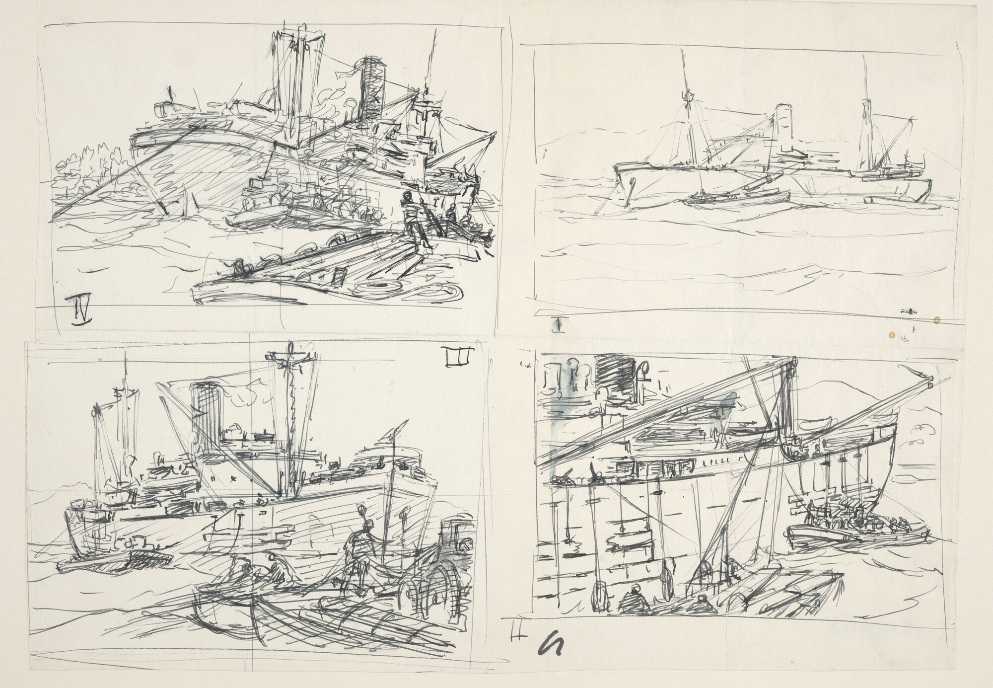 S.5251(01); Blad met vier studies over het lossen van bulldozers uit het ss. 'Karsik' van de KPM op de rede van Pine Island; tekening
