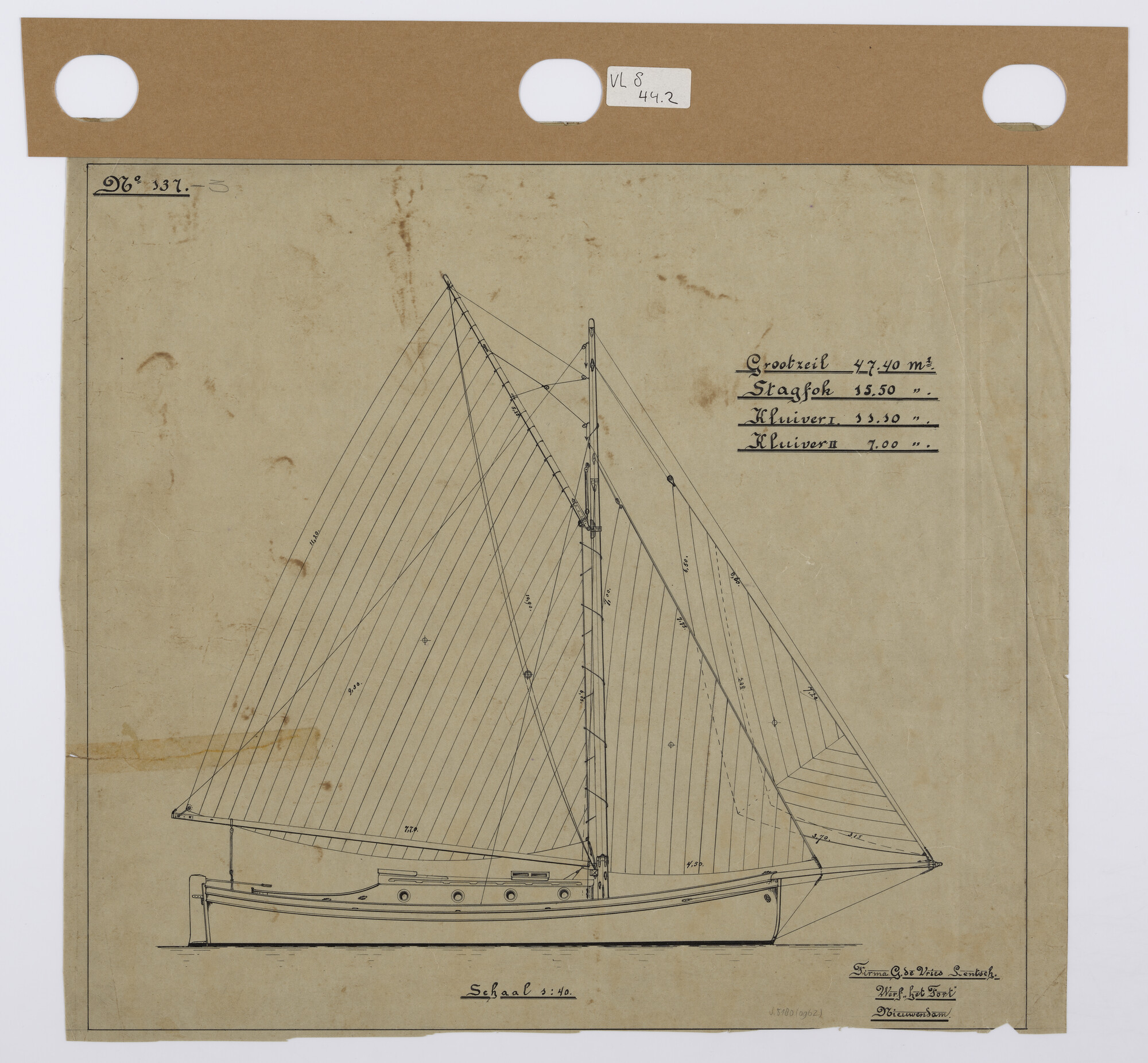 S.5180(0962); Tuigplan van een zeiljacht; technische tekening