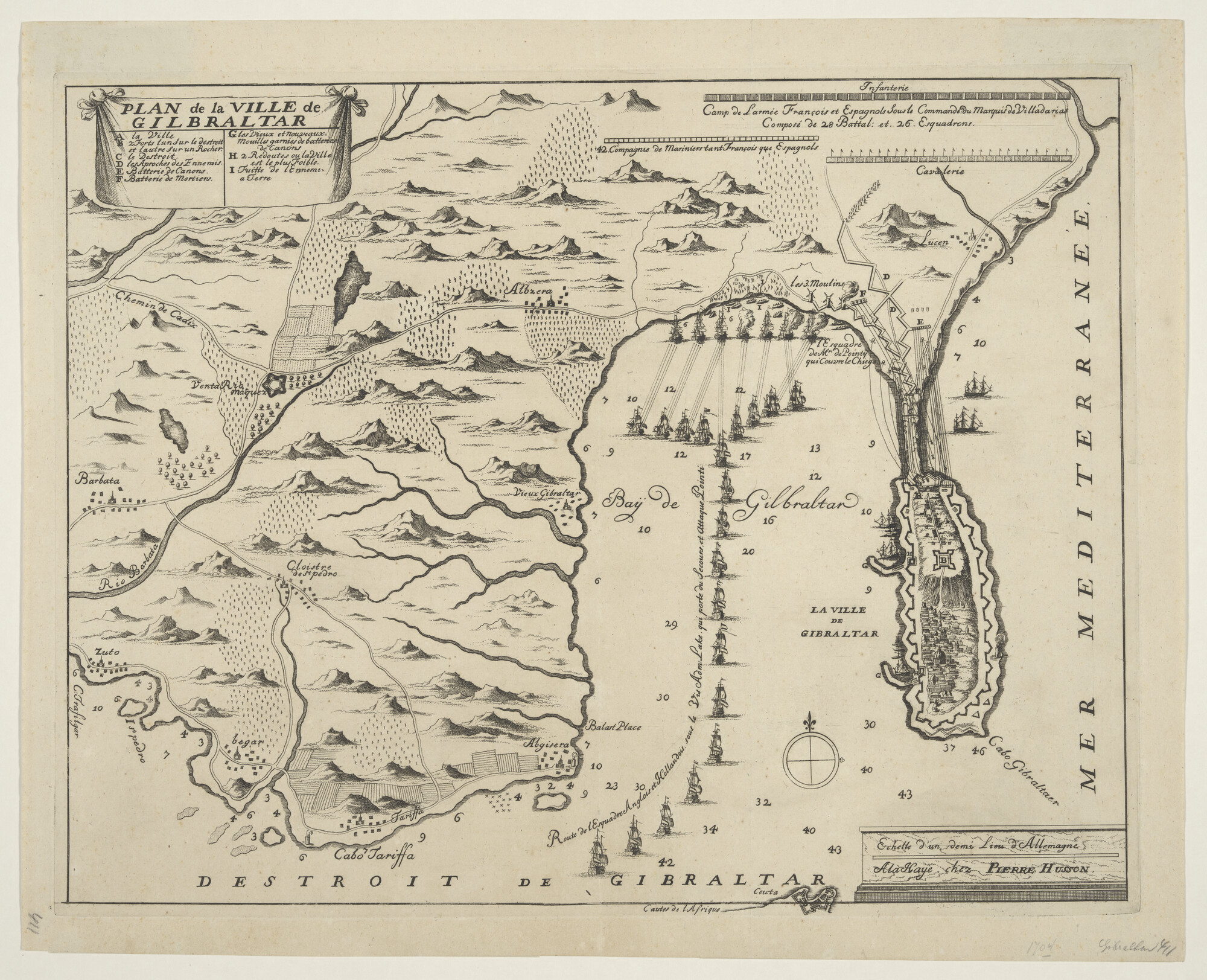 A.1280(01); Plattegrond van Gibraltar met de Nederlands-Engelse en de Franse vloot, 1704; prent