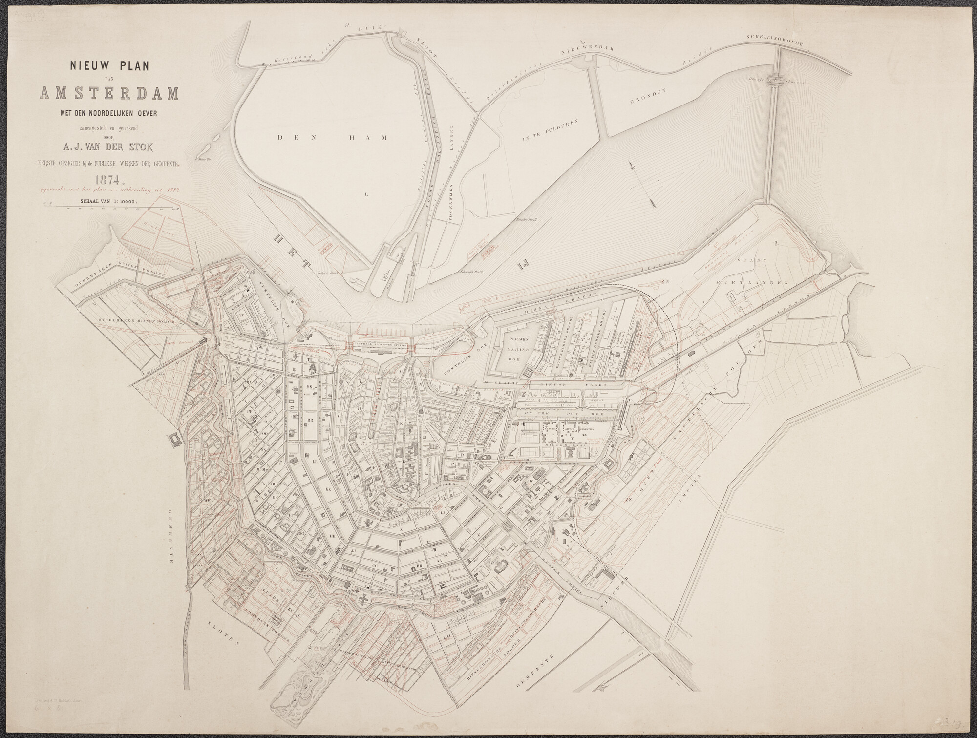 A.4099(01); Kaart van Amsterdam met de noordelijke oever van het IJ, in het rood bijgewerkt met het plan van uitbreiding van 1882; landkaart