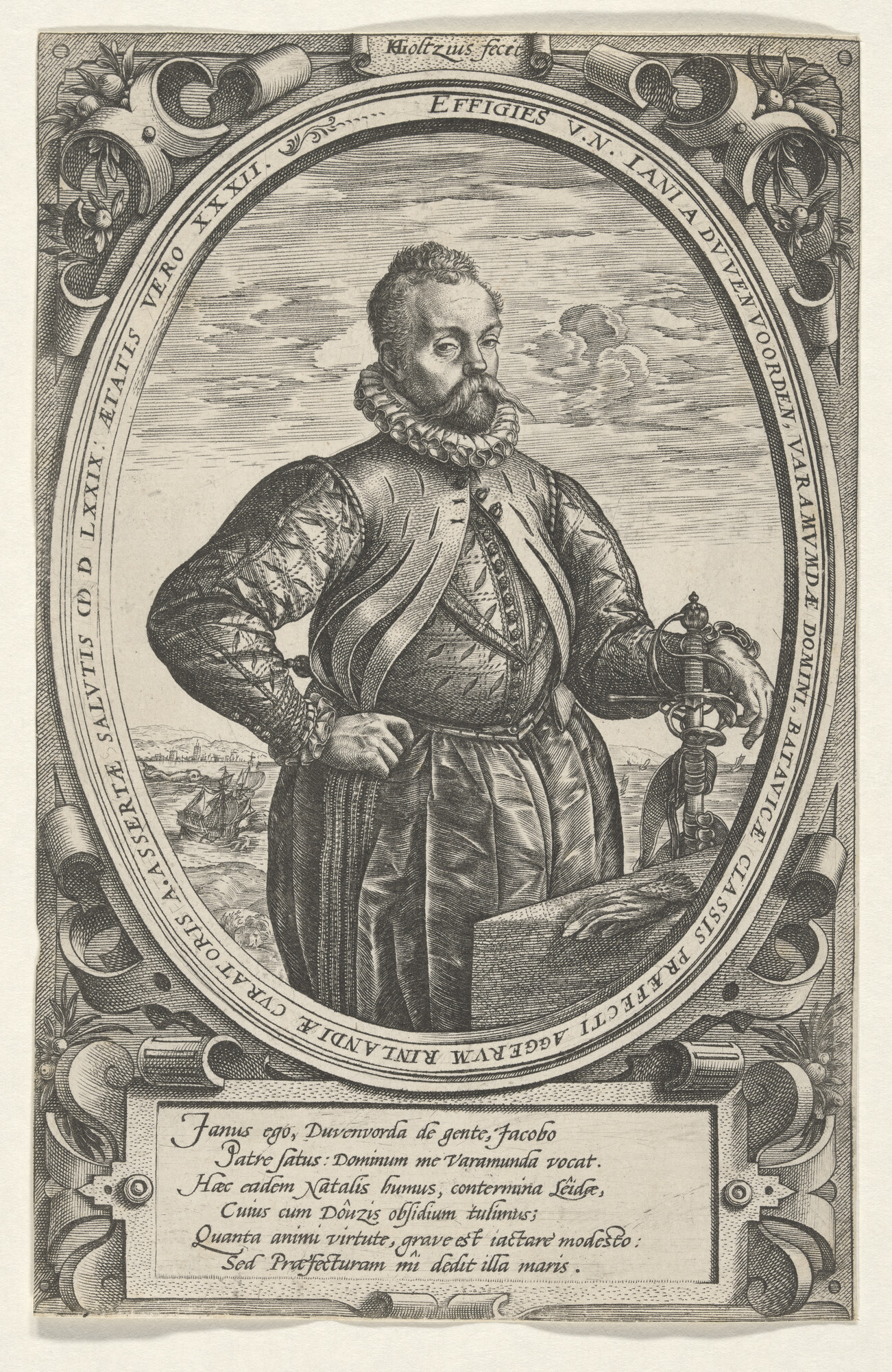 S.0952; Portret van admiraal Jan van Duivenvoorde (1547 - 1610), driekwart, in ovaal; prent