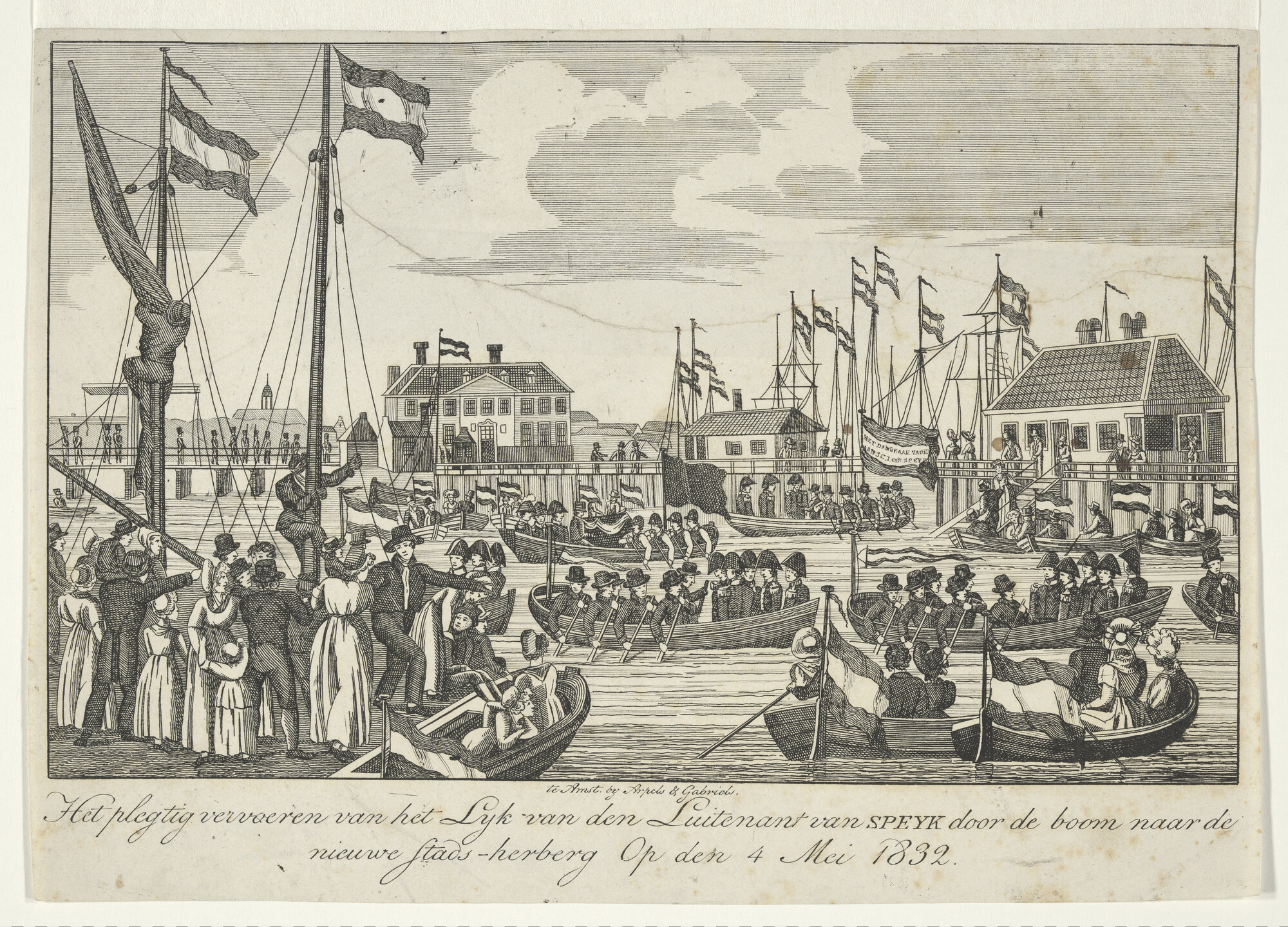 A.0482(03)39; Plechtige lijkvaart van Van Speyk met rechts de nieuwe Stadsherberg en in het midden de lijkstoet; prent