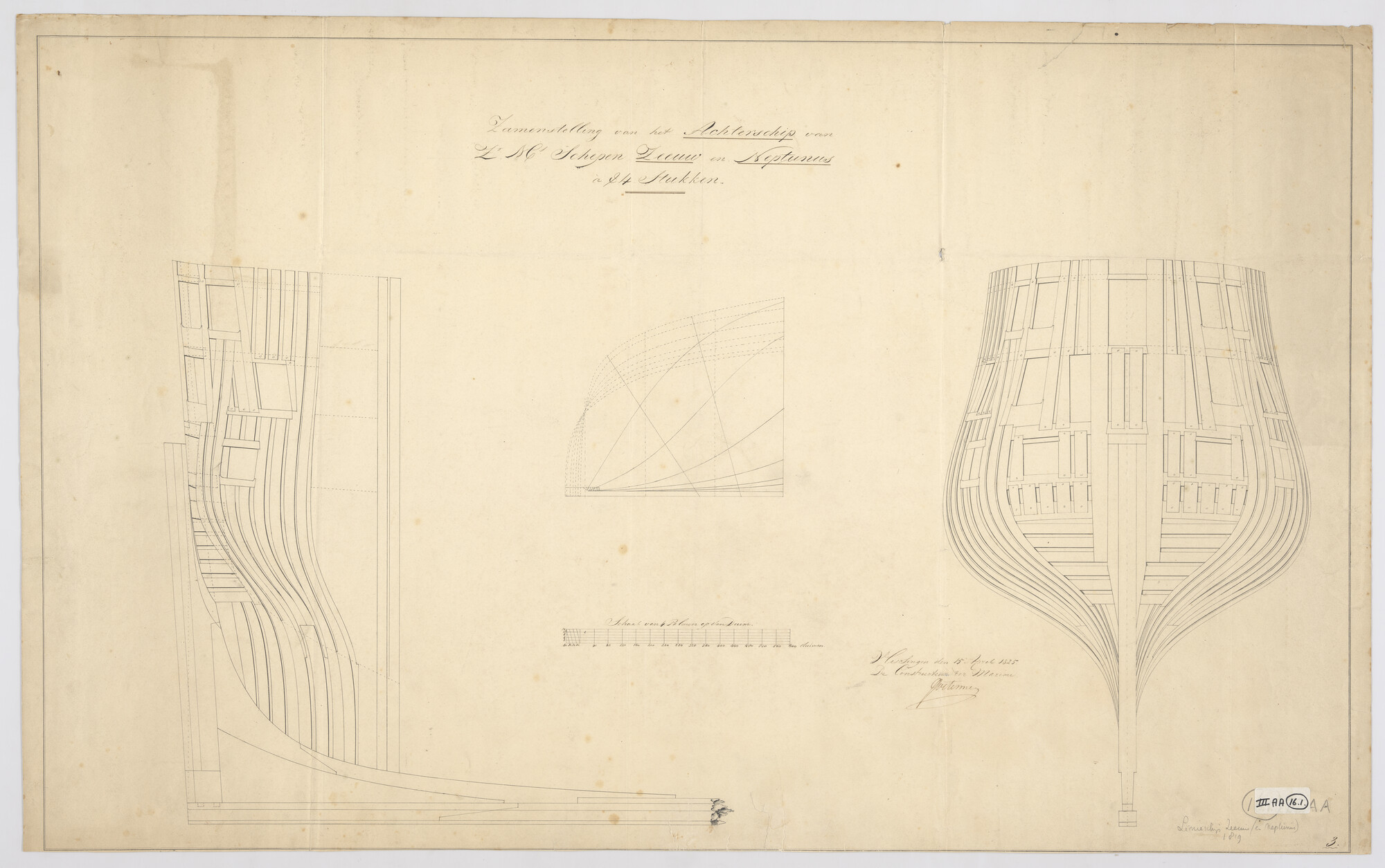 S.1214(0107); Constructieplan van het achterschip van de linieschepen 'Zeeuw' en 'Neptunus'; technische tekening
