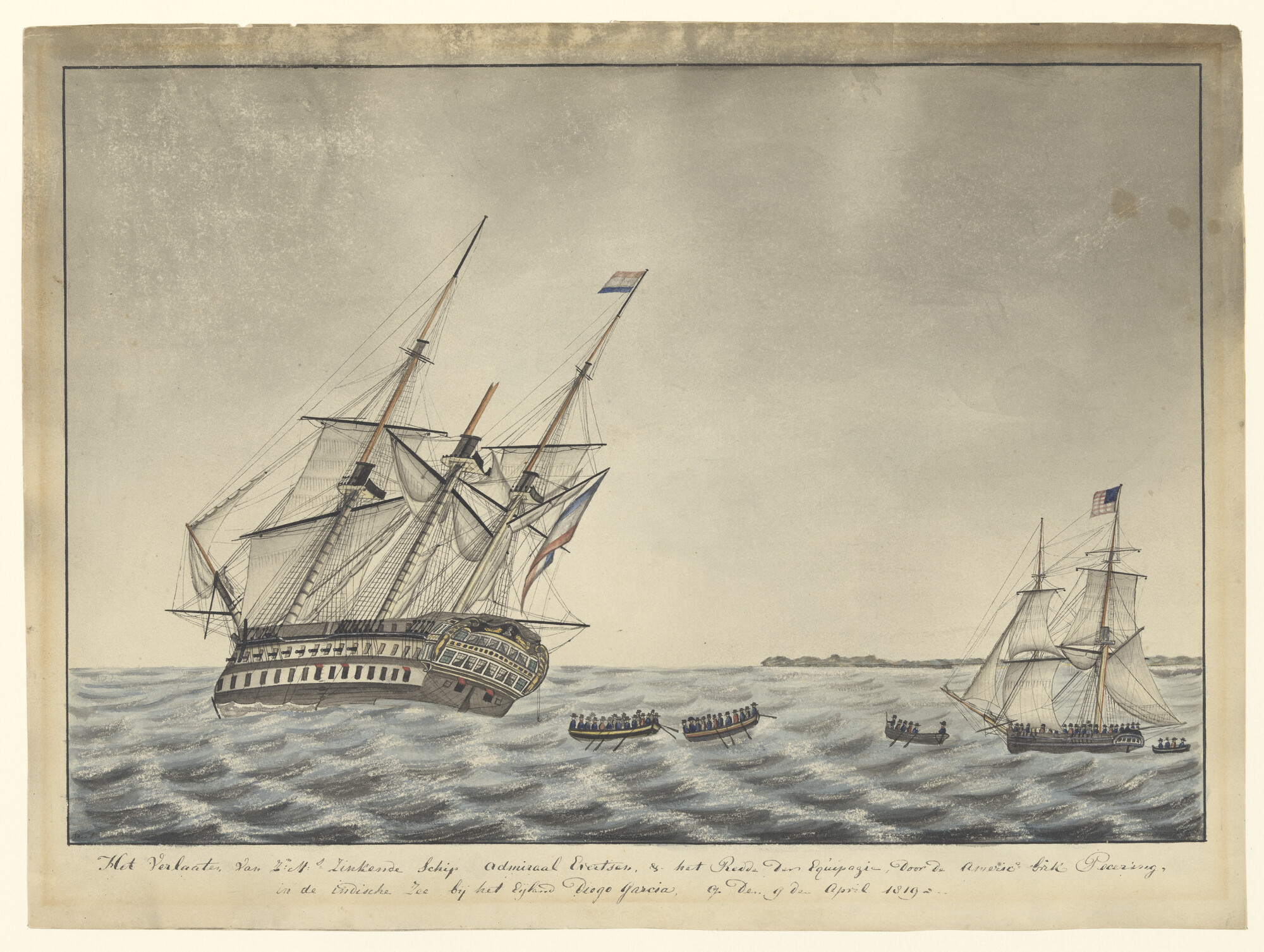 S.1119(20); De redding van de bemanning van linieschip 'Admiraal Evertsen', 1819; tekening