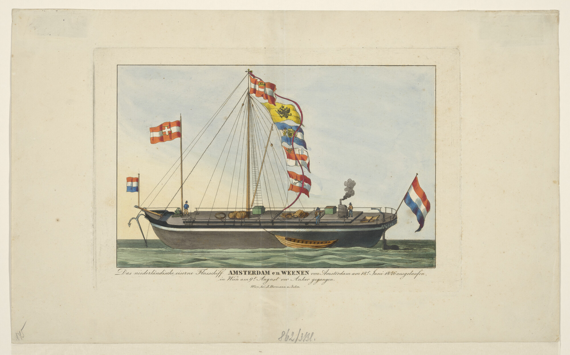 A.1444(02); Het ijzeren rivierschip 'Amsterdam en Weenen'; prent