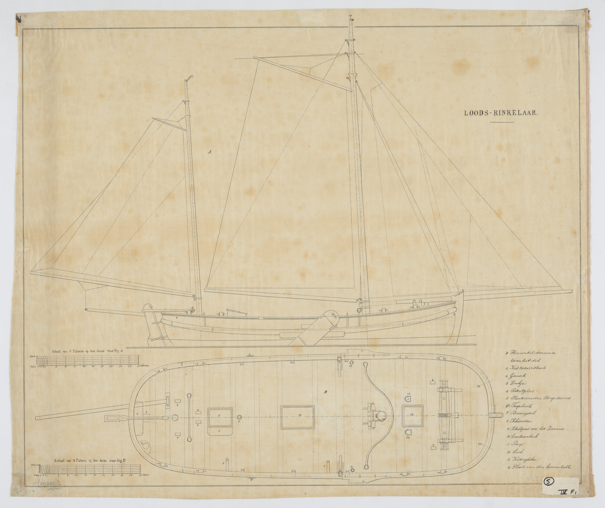 S.0780(12)02; Loodsrinkelaar. Zijaanzicht, tuigplan, dekplan, Loodsrinkelaar, 1853; technische tekening