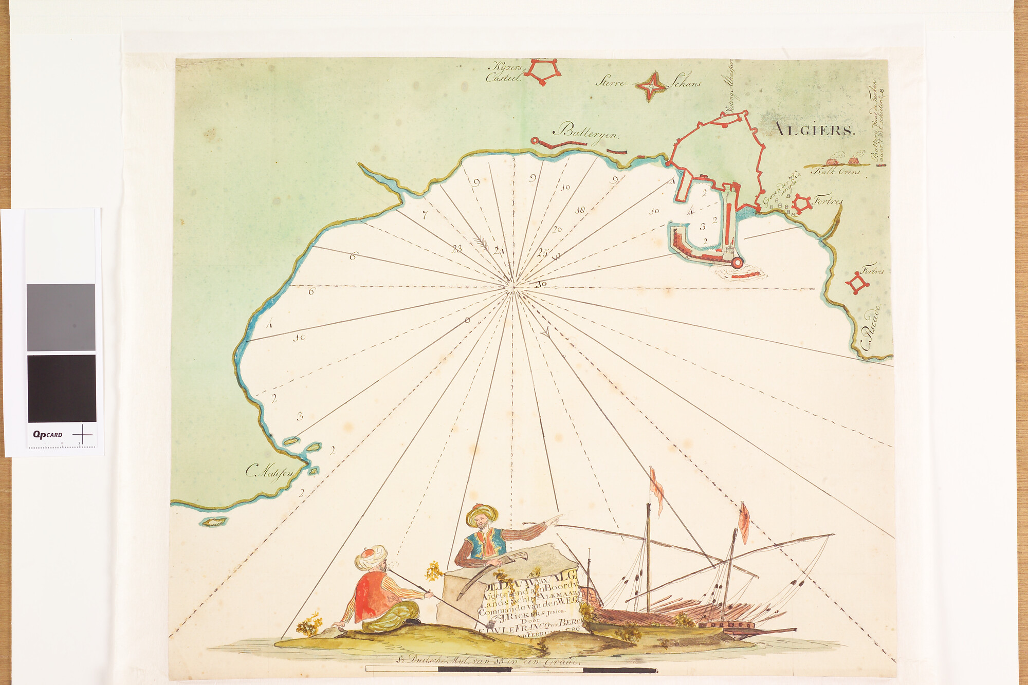 A.1744(01)a; Gekleurde handschriftkaart van de baai van Algiers in Algerije; zeekaart