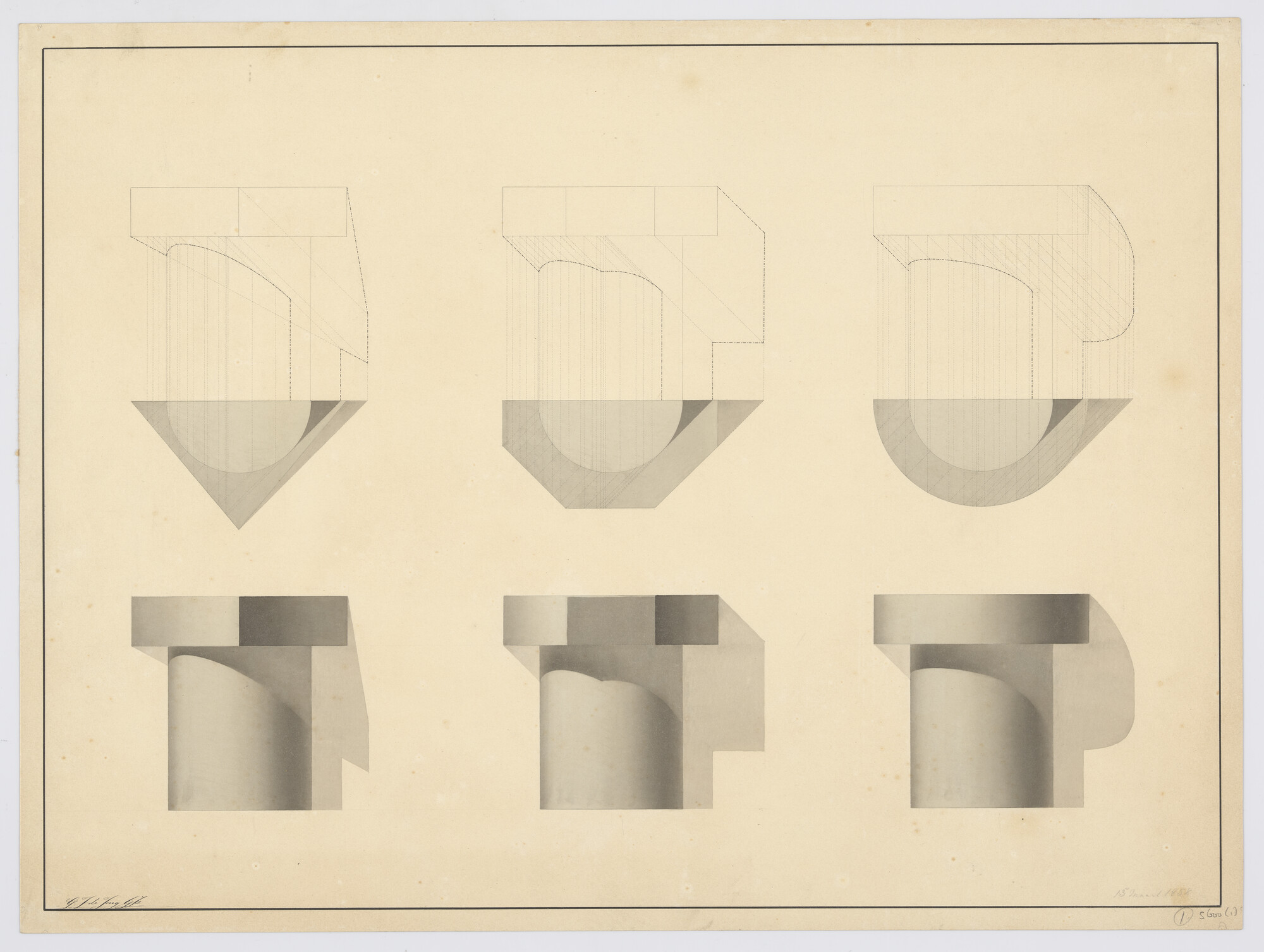 S.0600(01)148; perspectieftekening van een houtverbinding; technische tekening