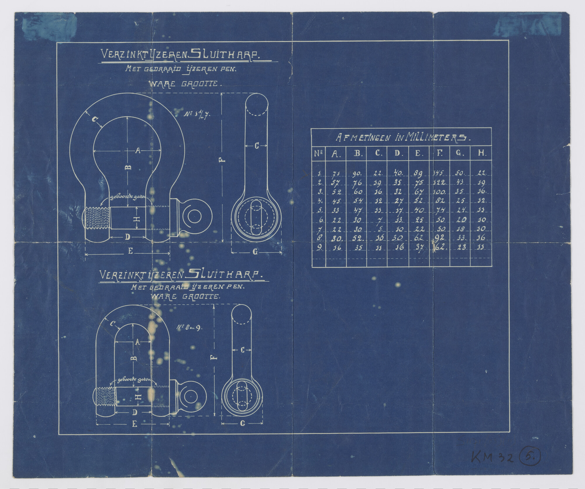 S.1171(03)11; Doorsneden van een verzinkt ijzeren sluitharp; technische tekening