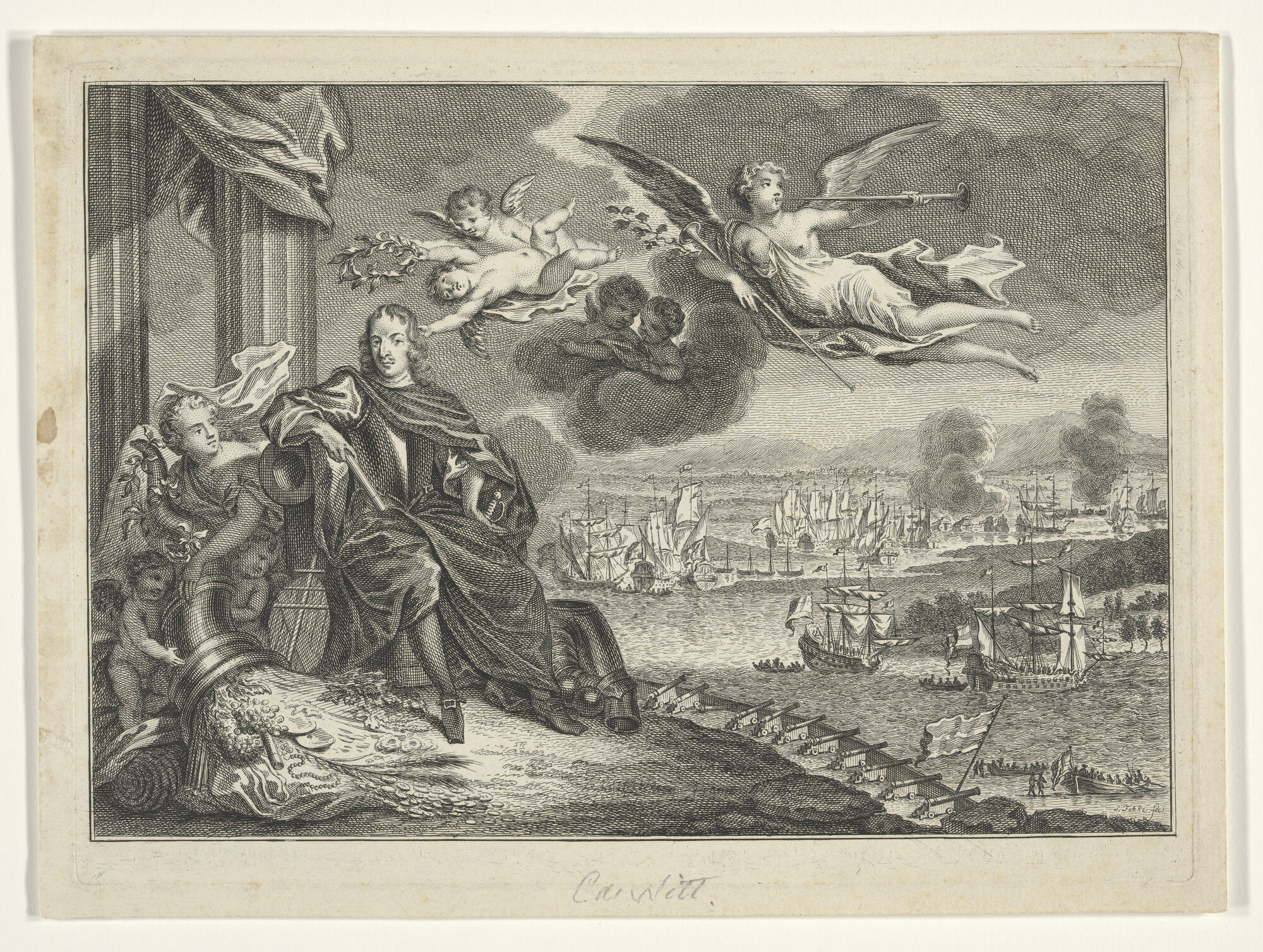S.1282 [nr 0007]; Afbeelding van Cornelis de Witt, met op de achtergrond de Tocht naar Chatham; prent