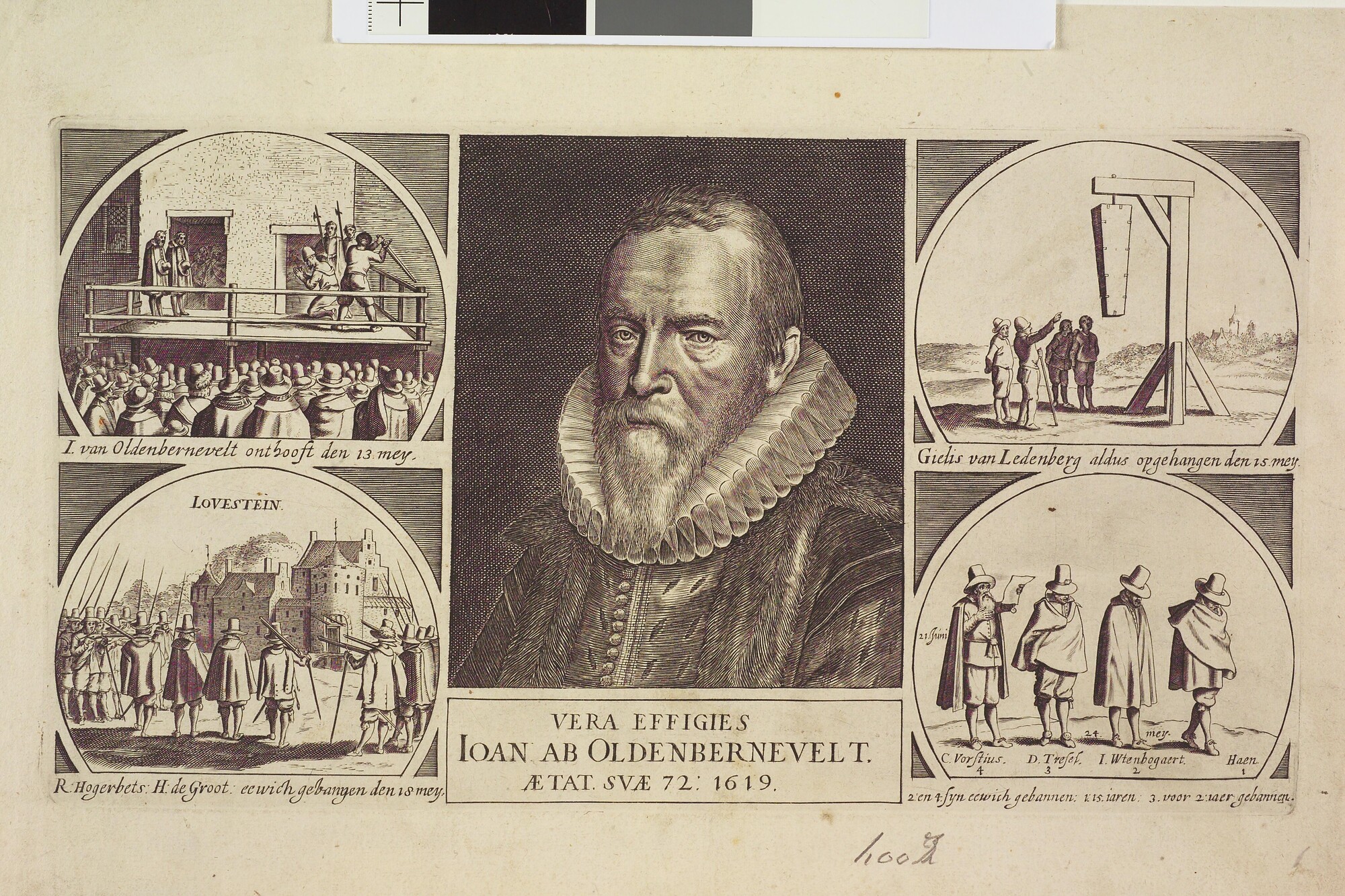 A.0145(027)384; Portret van Johan van Oldenbarnevelt met links en rechts twee afbeeldingen van het lot van de voormannen van de Remonstranten; prent
