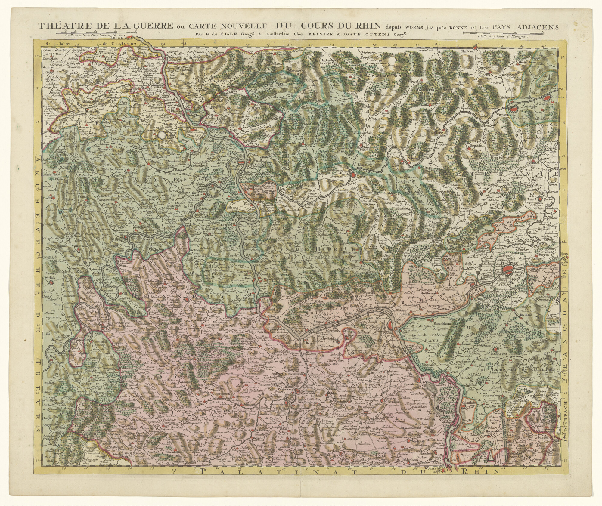 A.0145(211)106; Met de hand gekleurde kaart naar G. de l'Isle (1675-1726) van de Rijn van Worms tot Bonn en de omringende landen; landkaart