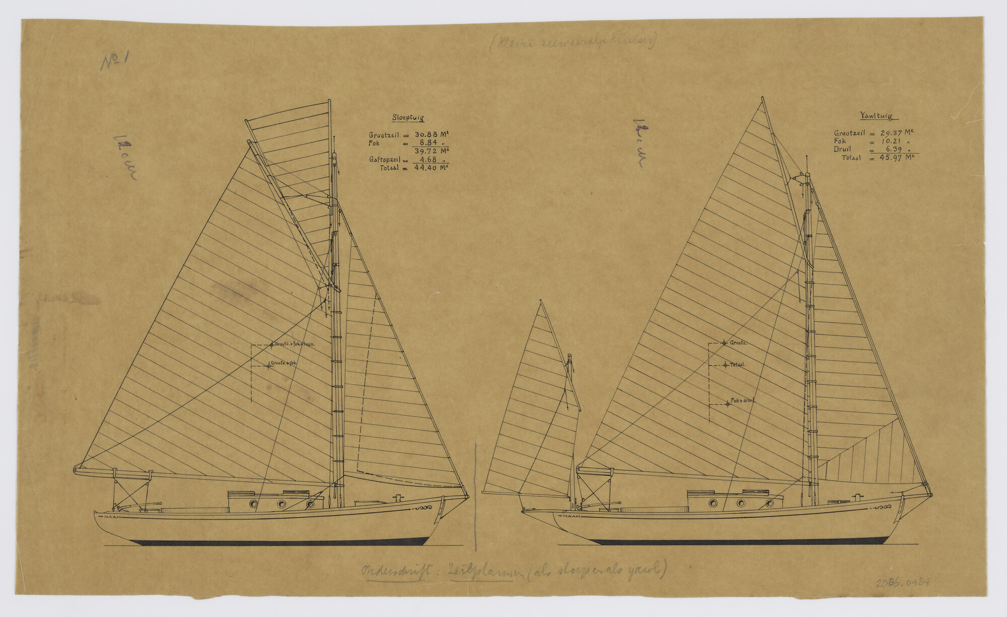 2006.0484; Zeilplan van een klein zeewaardige kruiser; technische tekening