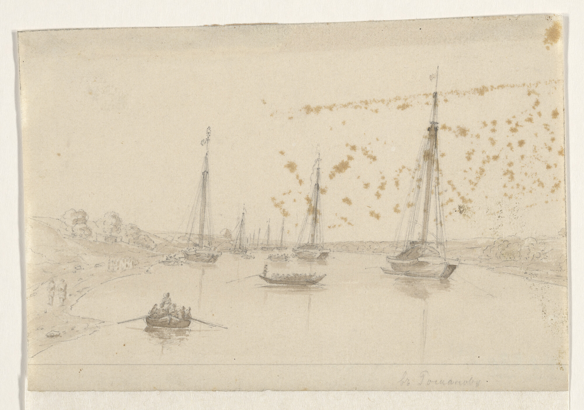 A.2330(16); Tekening van een Russisch riviergezicht met enkele schepen; tekening