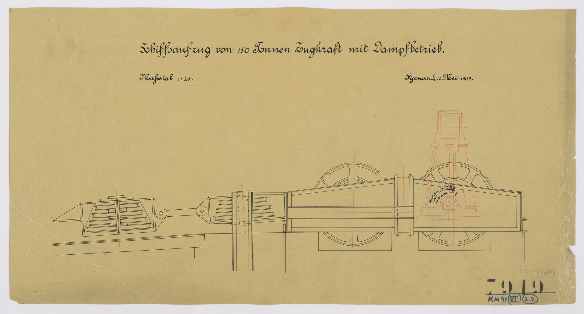 S.2175(5458); Langsdoorsnede van een sleeplier voor de Droogdok Maatschappij 'Tandjong Priok'; technische tekening