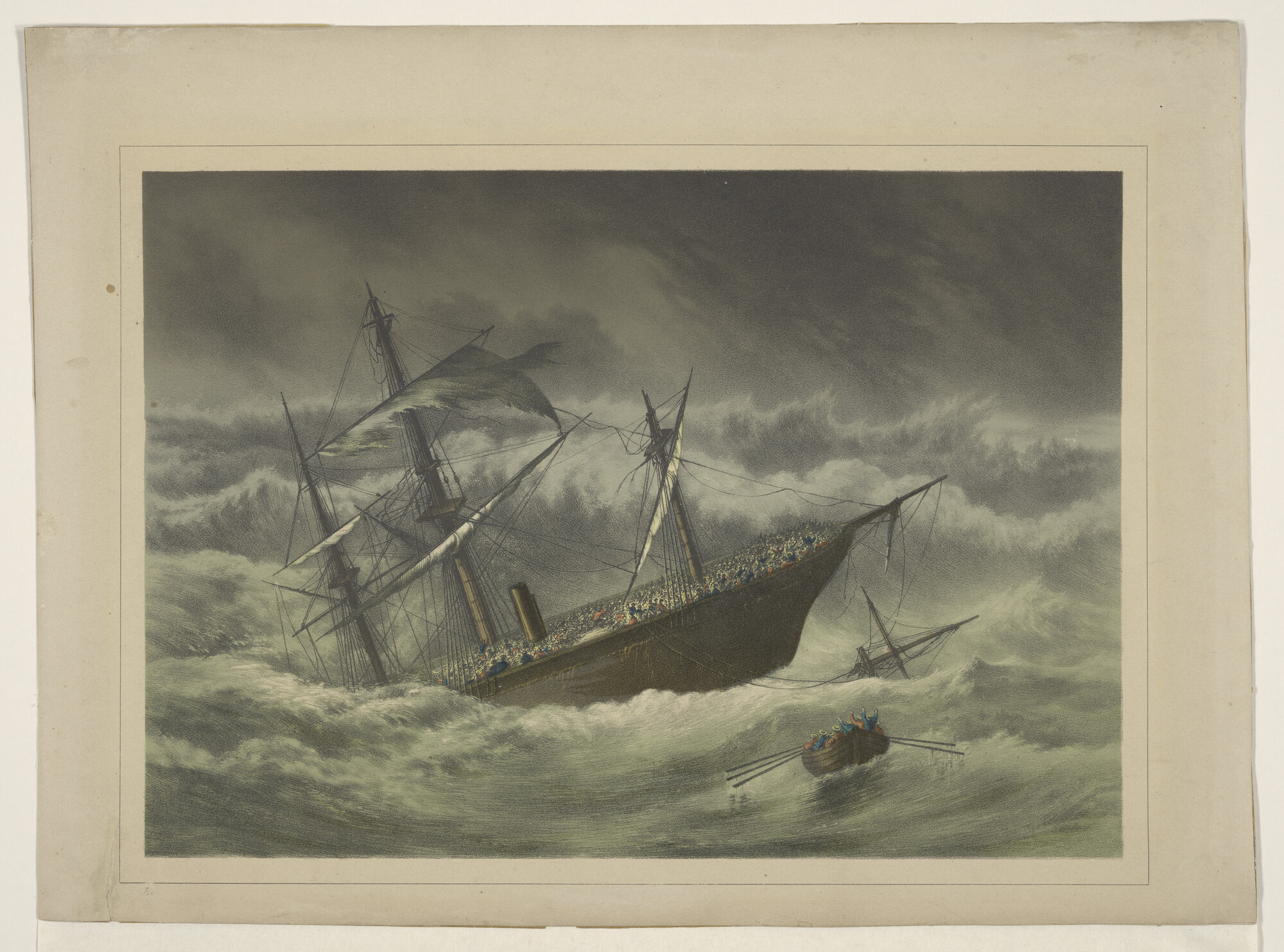 S.3423(02); Het vergaan van het Engelse fregat met hulpstoomvermogen London; prent