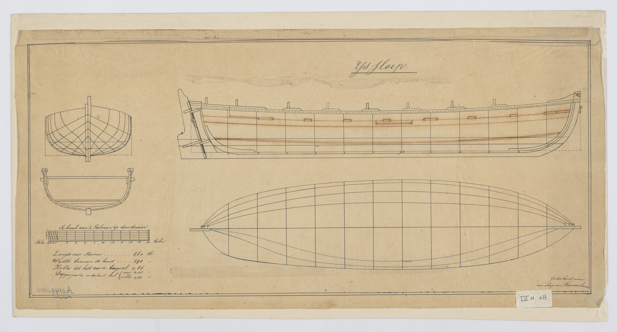 A.0149(0974); Zijaanzicht, vooraanzicht, achteraanzicht, grootspant, spantenraam, waterlijnen en senten van een twaalf-riems ijssloep; technische tekening