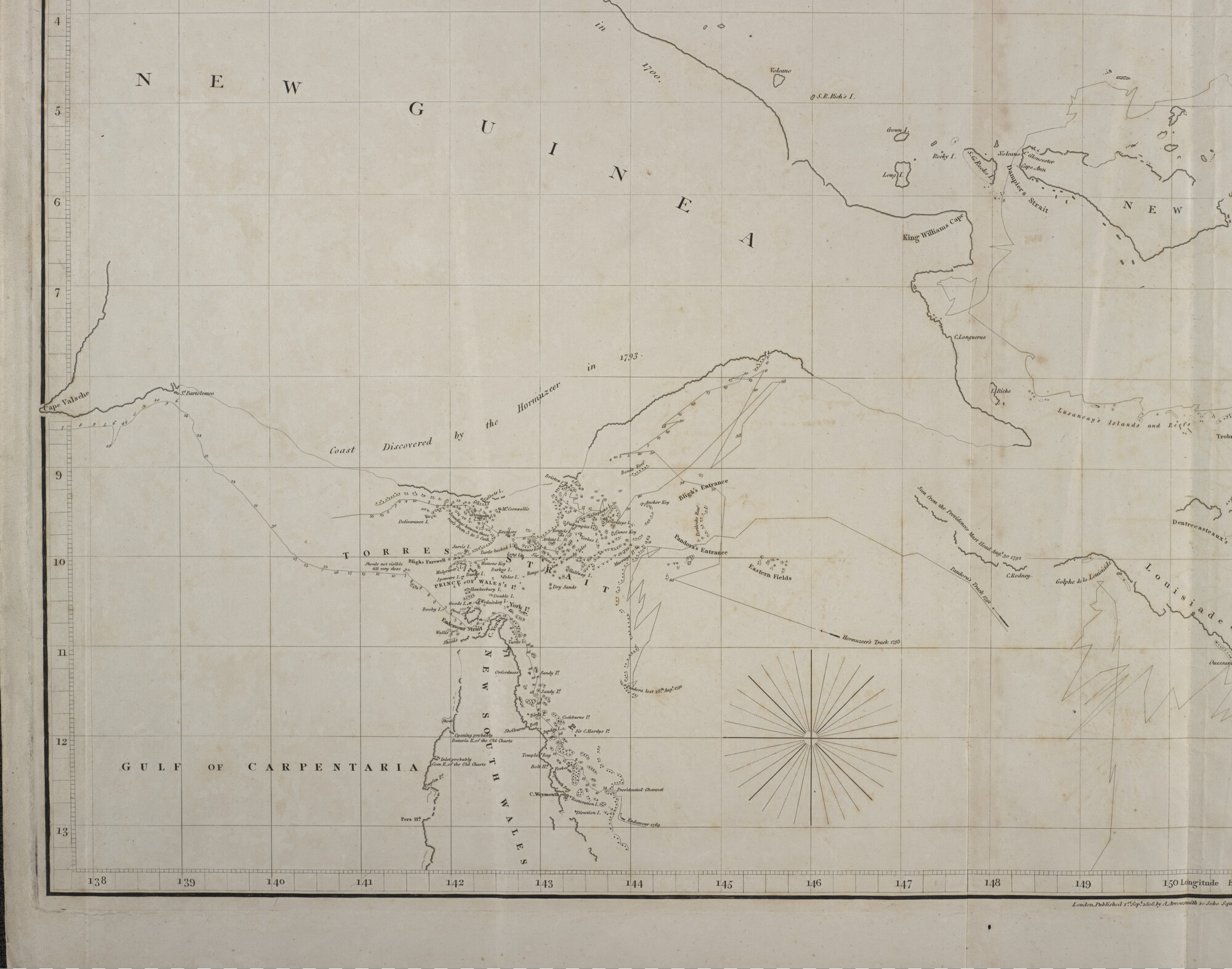 S.0521(093); Kaart van eilanden en passages beoosten Nieuw Guinea, gravure E. Jones, uitgave Aaron Arrowsmith (1750-1833), Londen, 1808, verbeterd tot 1818; zeekaart
