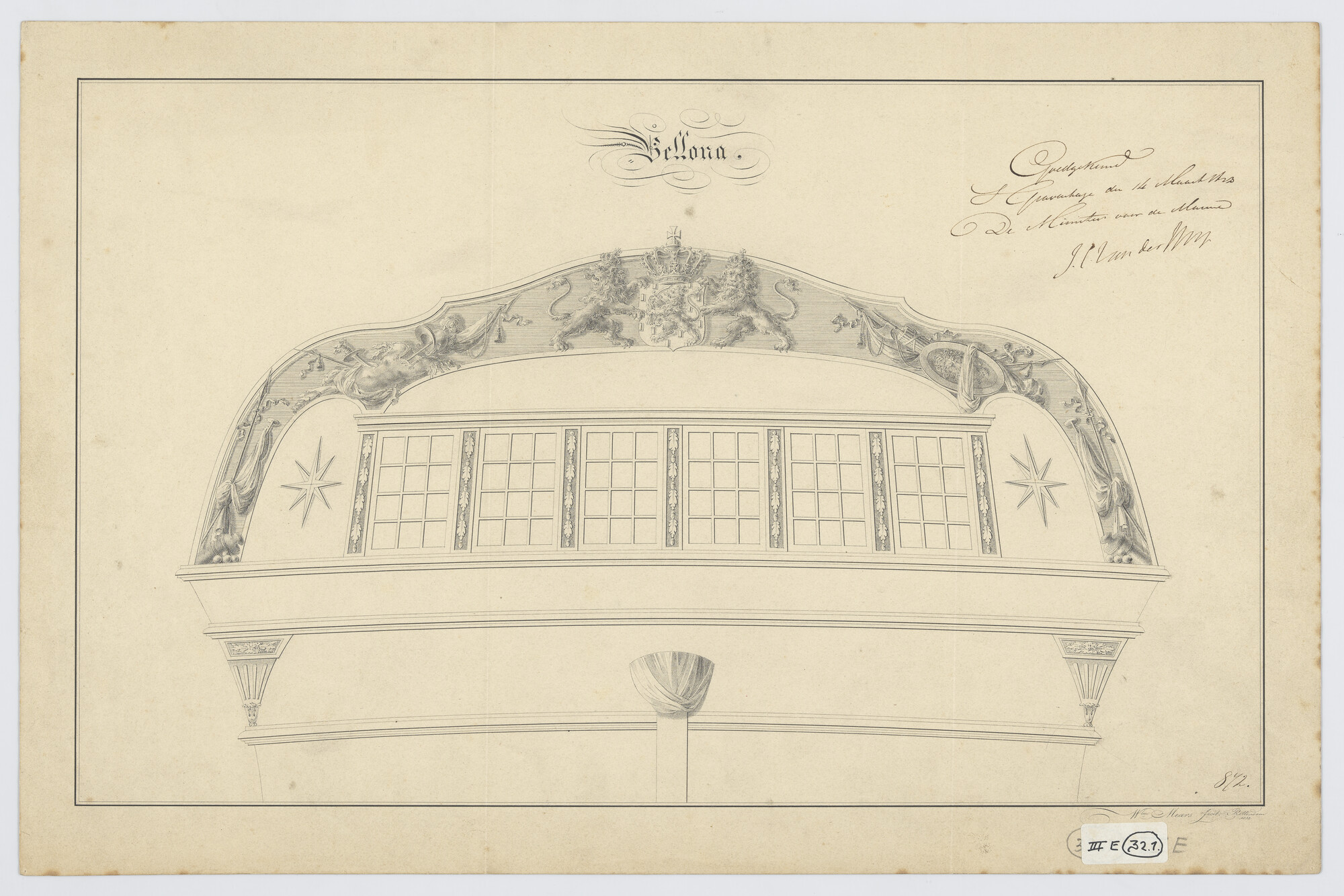 S.1214(0248); Spiegelversiering van het fregat 'Bellona'; technische tekening