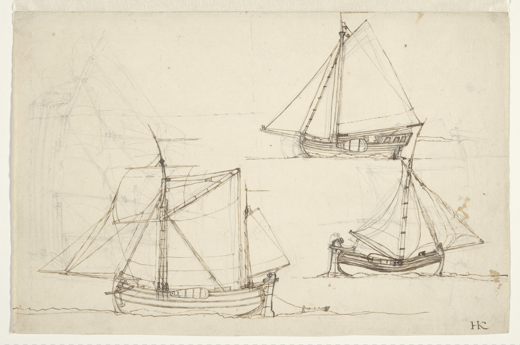 S.4317(38)a04; Een kof, een spiegelpaviljoenjacht, een beurtschip; tekening