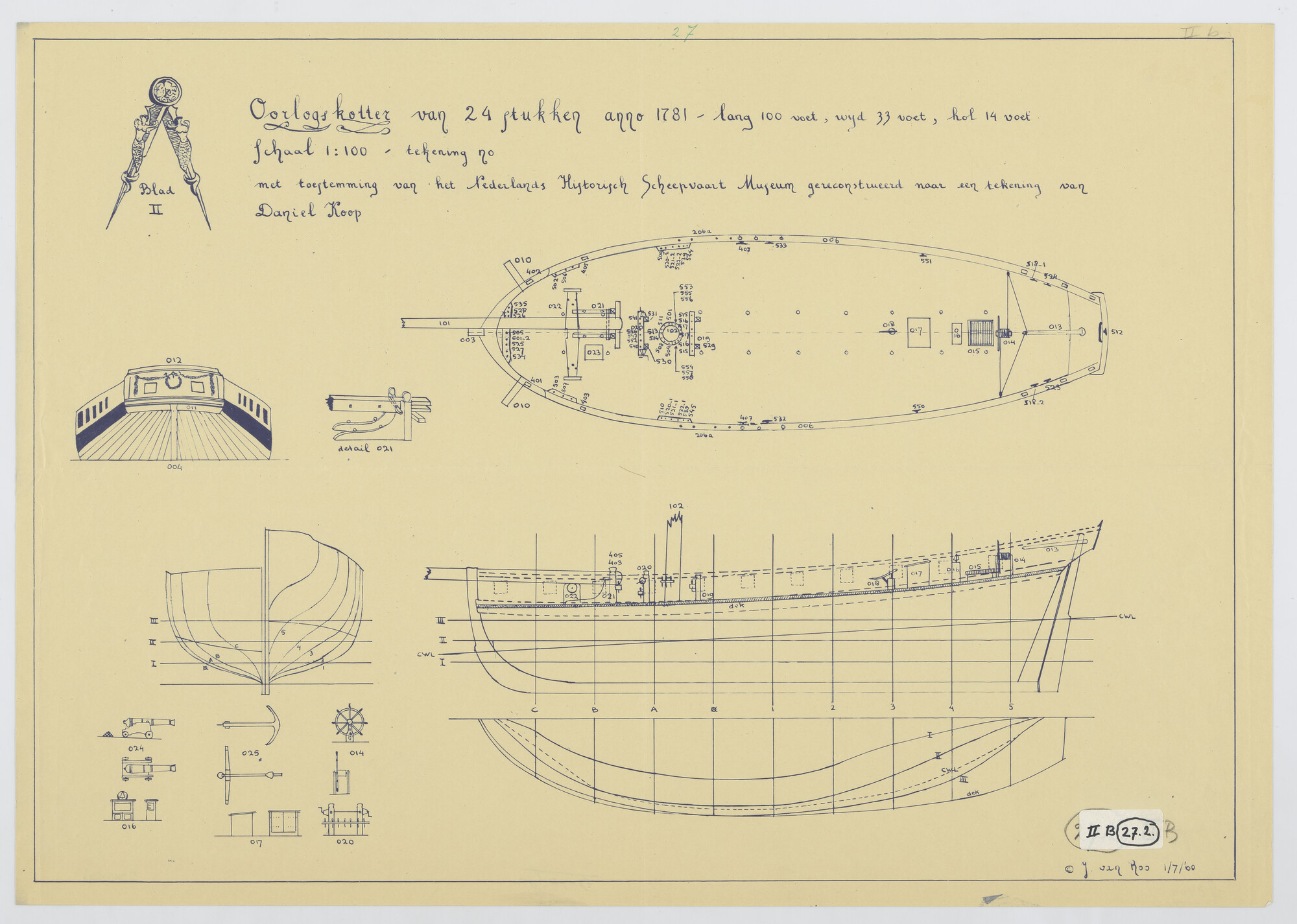 S.3400(02); Lijnenplan van een kotter van 24 stukken; technische tekening