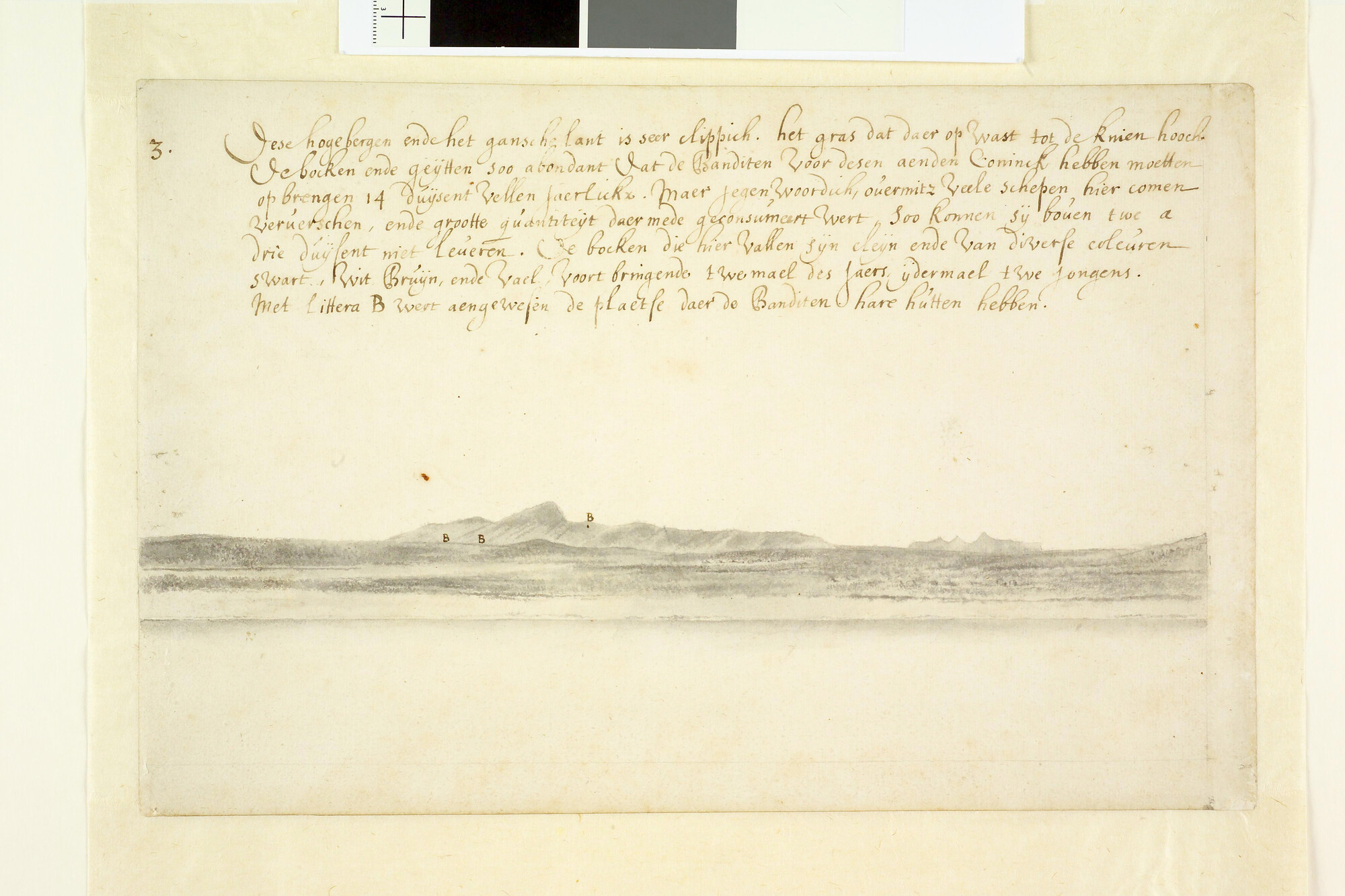 A.3490(02); Deel van een landverkenning van het eiland Maio, één der Kaapverdische Eilanden, vervaardigd tijdens de reis van Johan Maurits van Nassau naar Brazilië; tekening