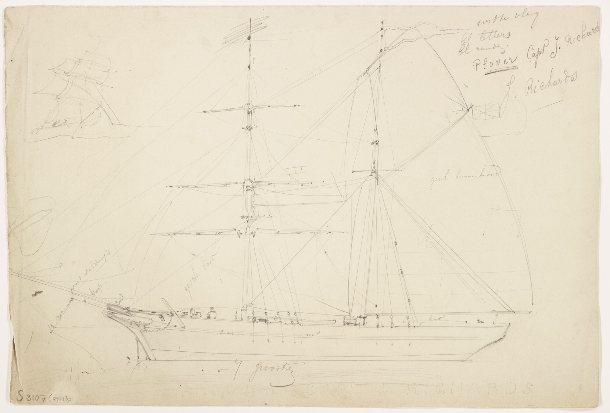 S.3107(07)163; Schets van het tweemastzeilschip Plover; tekening