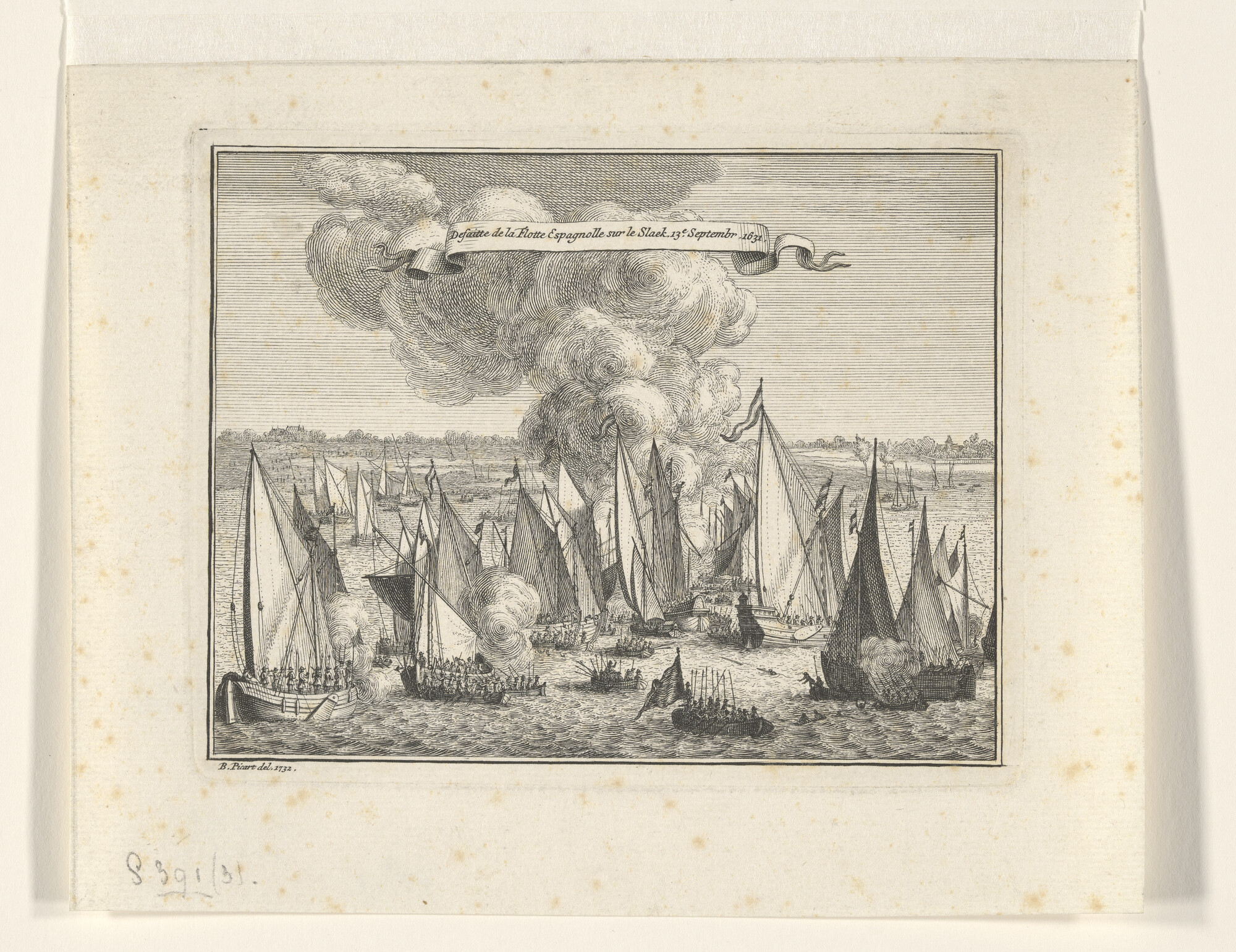 S.0391(03) [nr 0002]; 'Defaitte de la Flotte Espagnolle.' De slag op het Slaek, 13 september 1631; prent