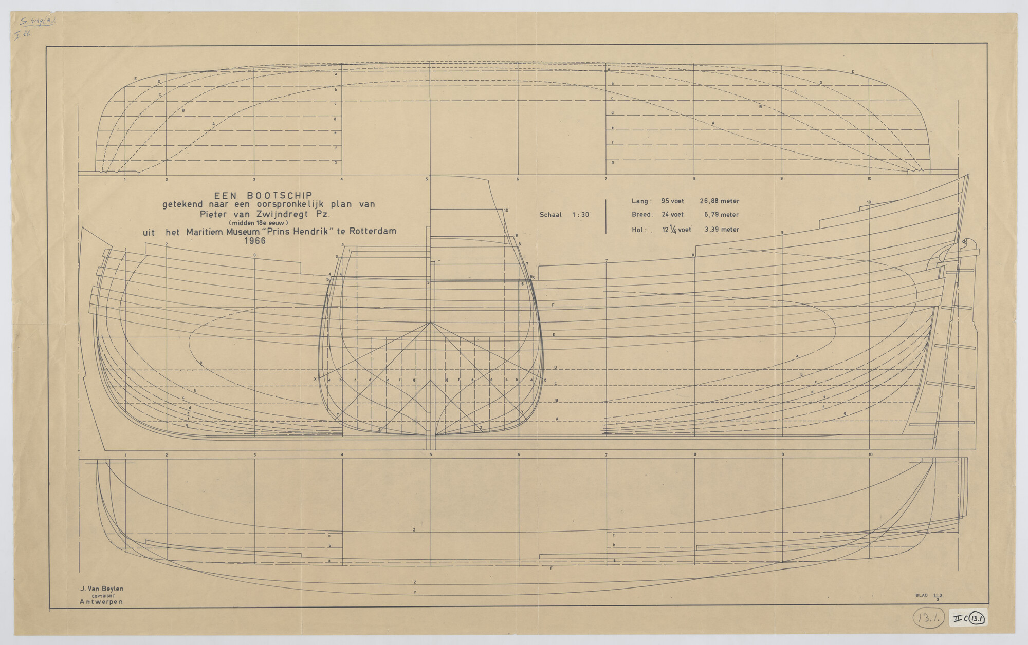 S.4149(a); Lijnenplan en spantenraam van een bootschip; technische tekening