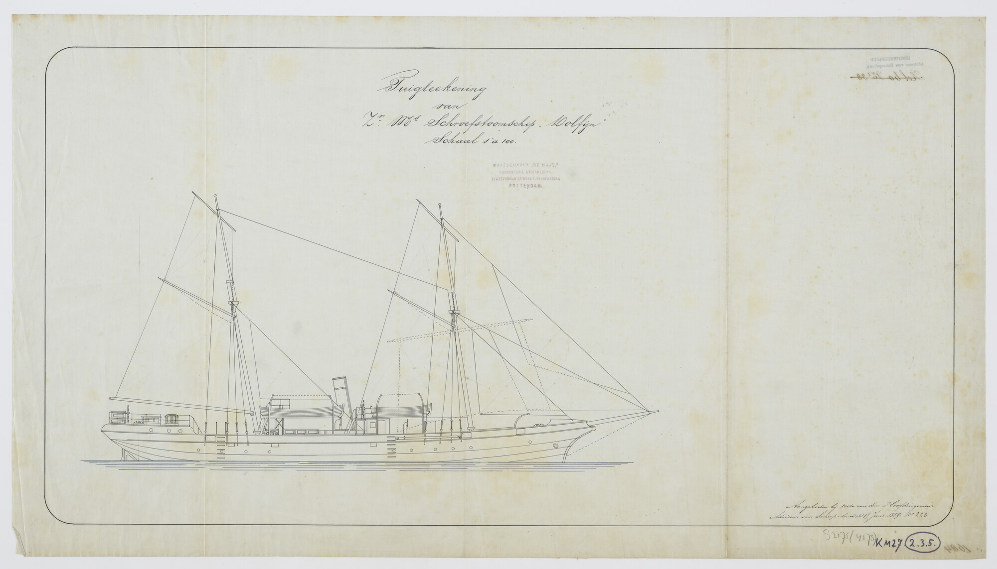 S.2175(4173); Tuigtekening van Zr.Ms. 'Dolfijn'; technische tekening