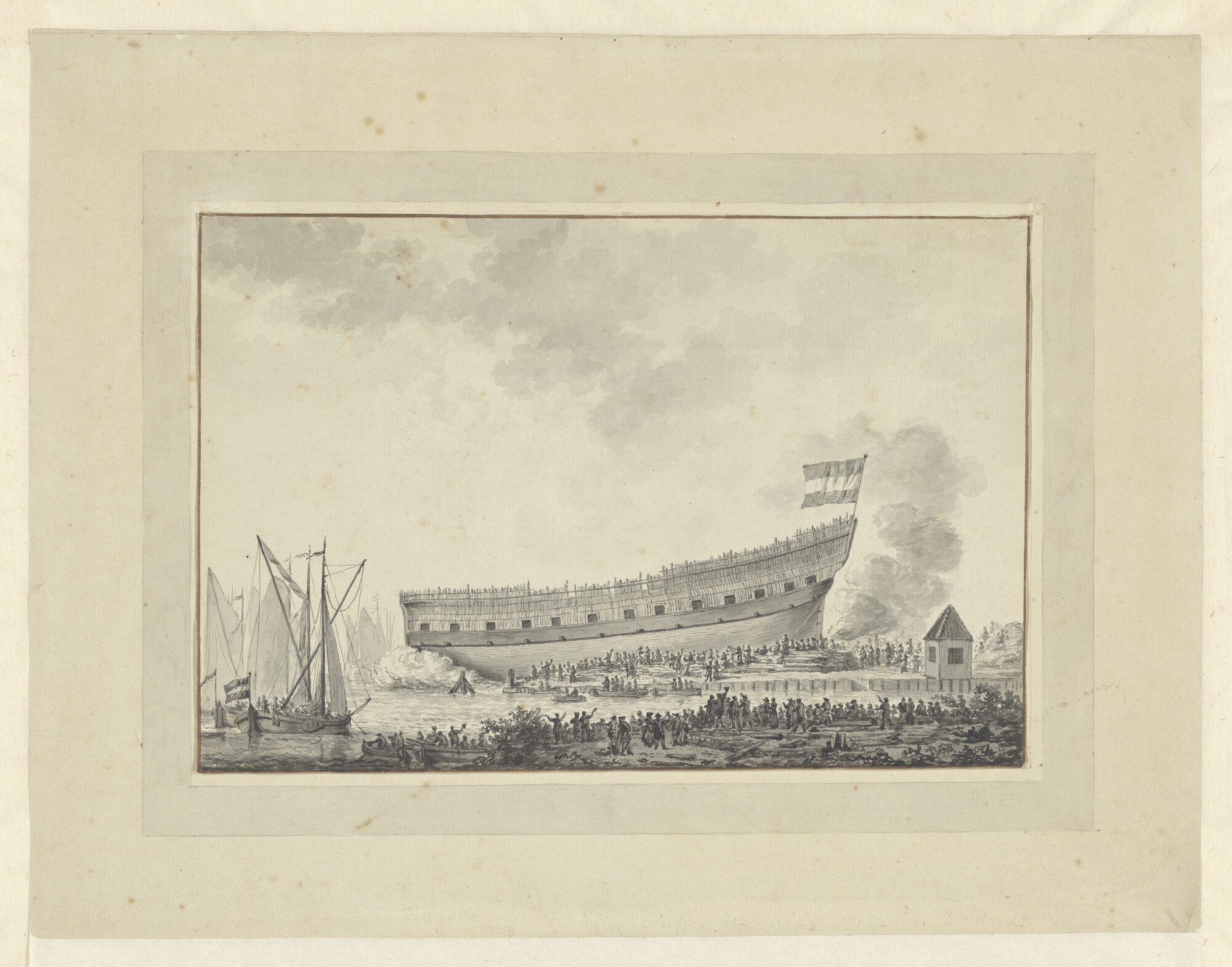 1992.0949; Het oorlogsschip de 'Hercules' van stapel lopend; tekening