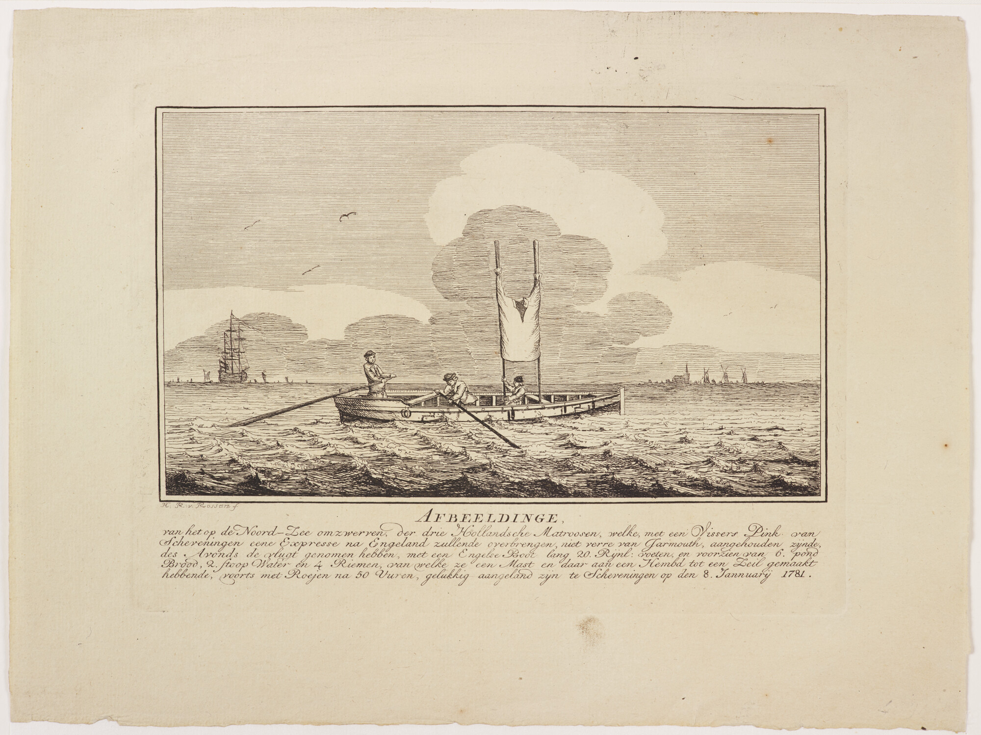 A.3002(04); Het rondzwerven op de Noordzee op de rede van Scheveningen van drie matrozen; tekening