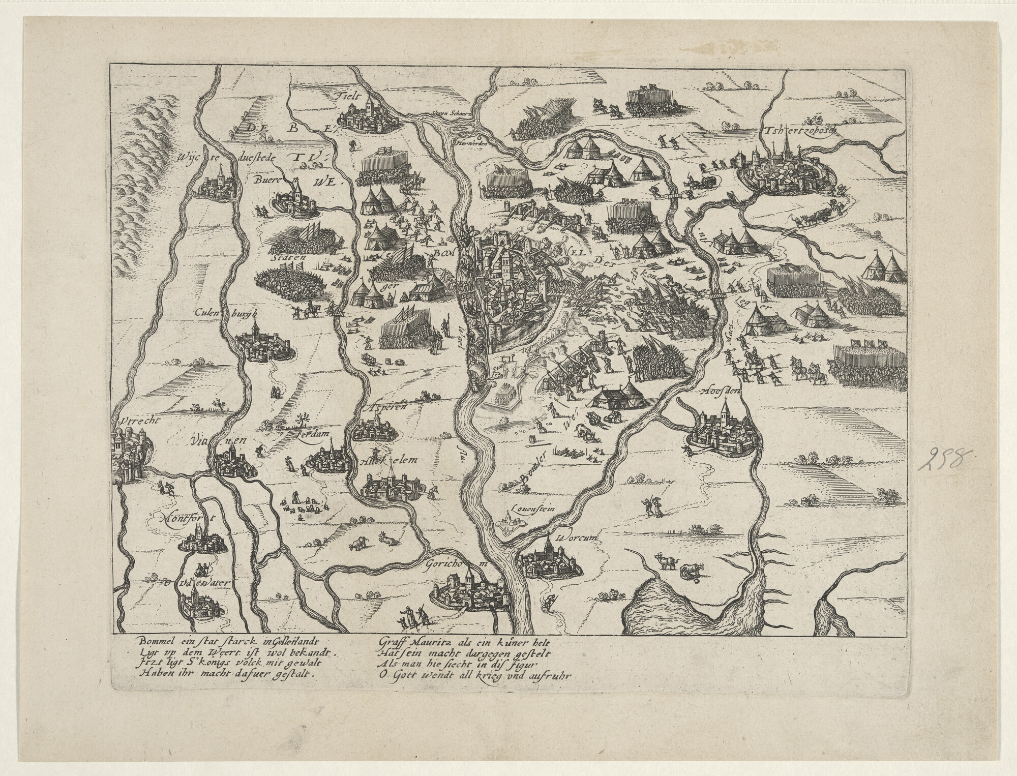 A.0145(027)328; Kaart van het gebied tussen Zaltbommel en Den Bosch, tijdens het beleg door de Spanjaarden, 1599; prent