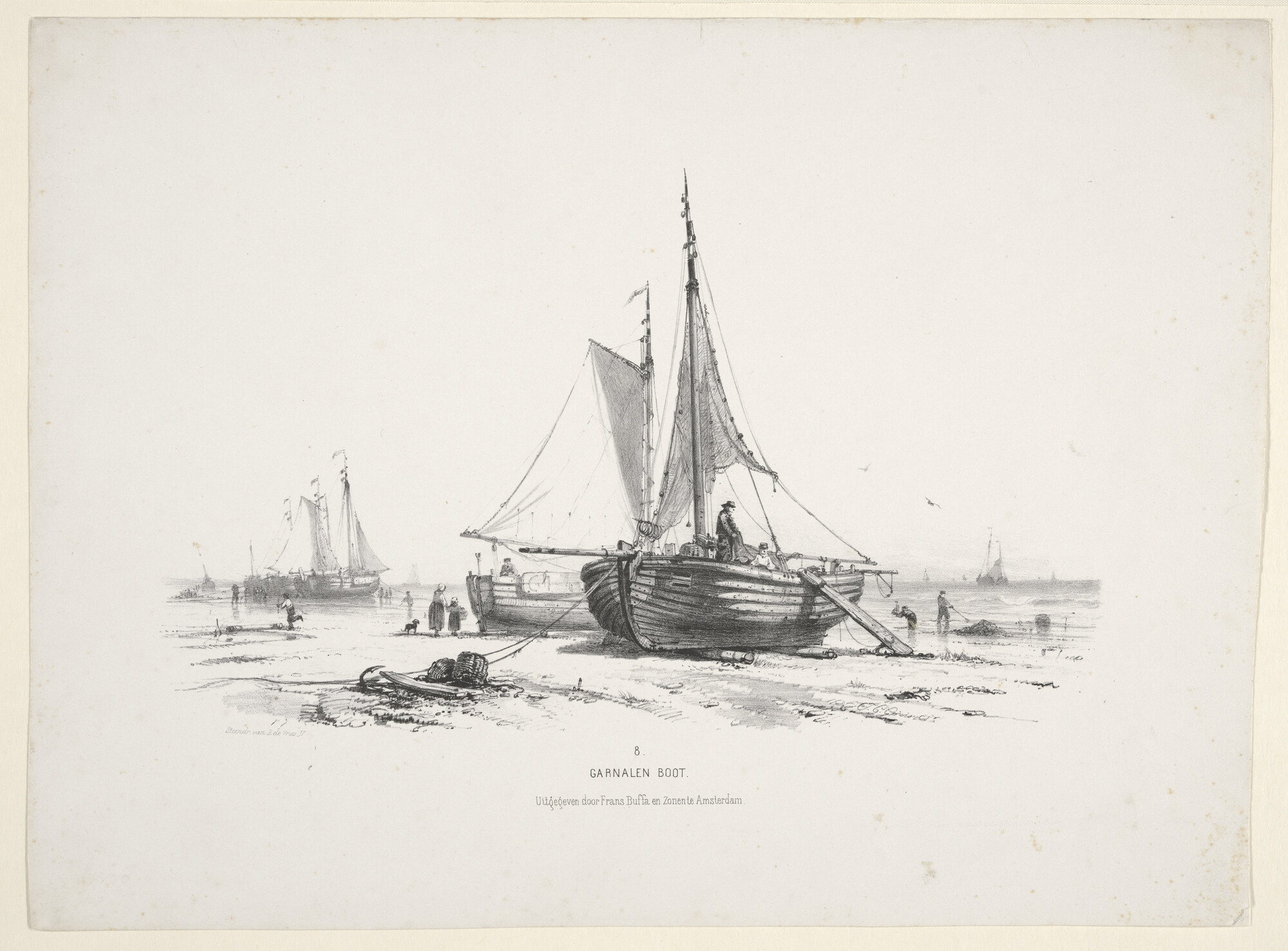 S.1330(08); Prentserie "Studien van Hollandsche Schepen", nummer 8: een garnalenschuit op het strand; prent