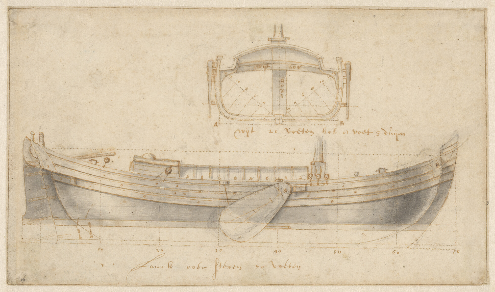 A.0149(0870); Zijaanzicht en grootspant van een wijdschip; technische tekening