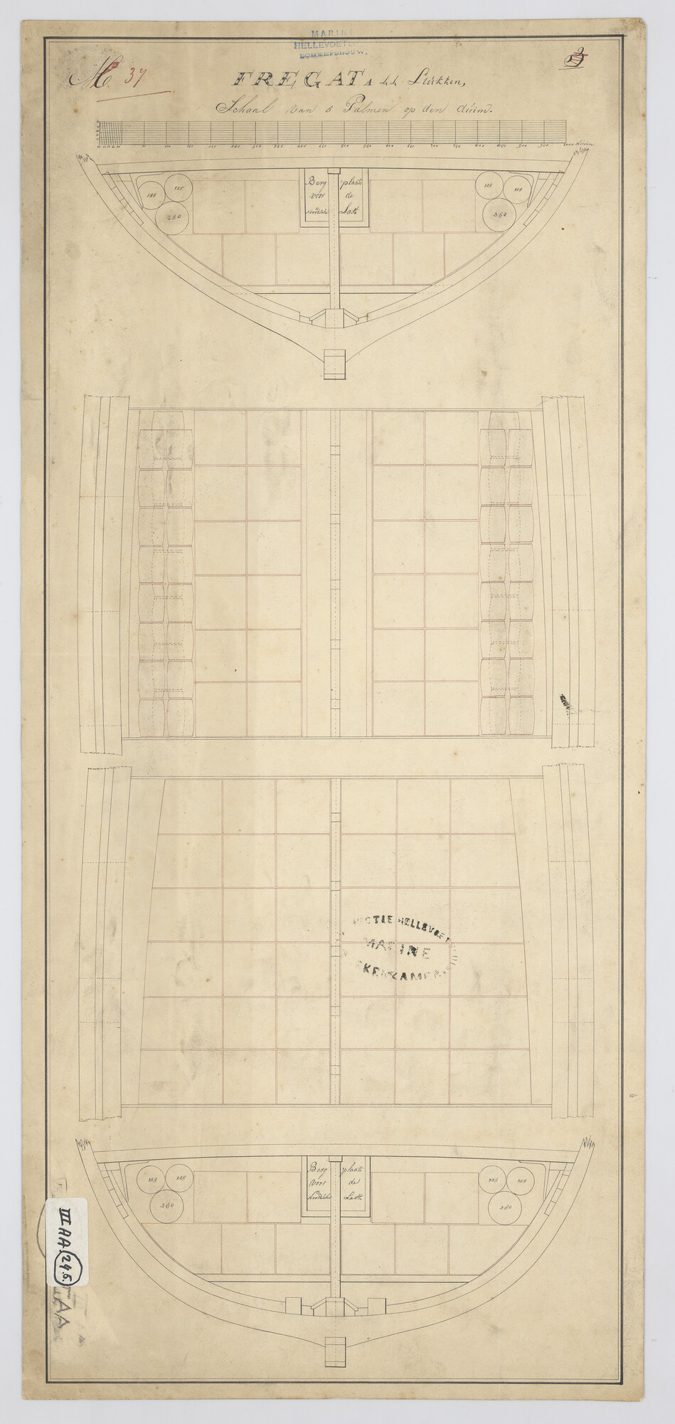 S.1214(0136)b; Stuwplan van het waterruim van een fregat van 44 stukken; technische tekening