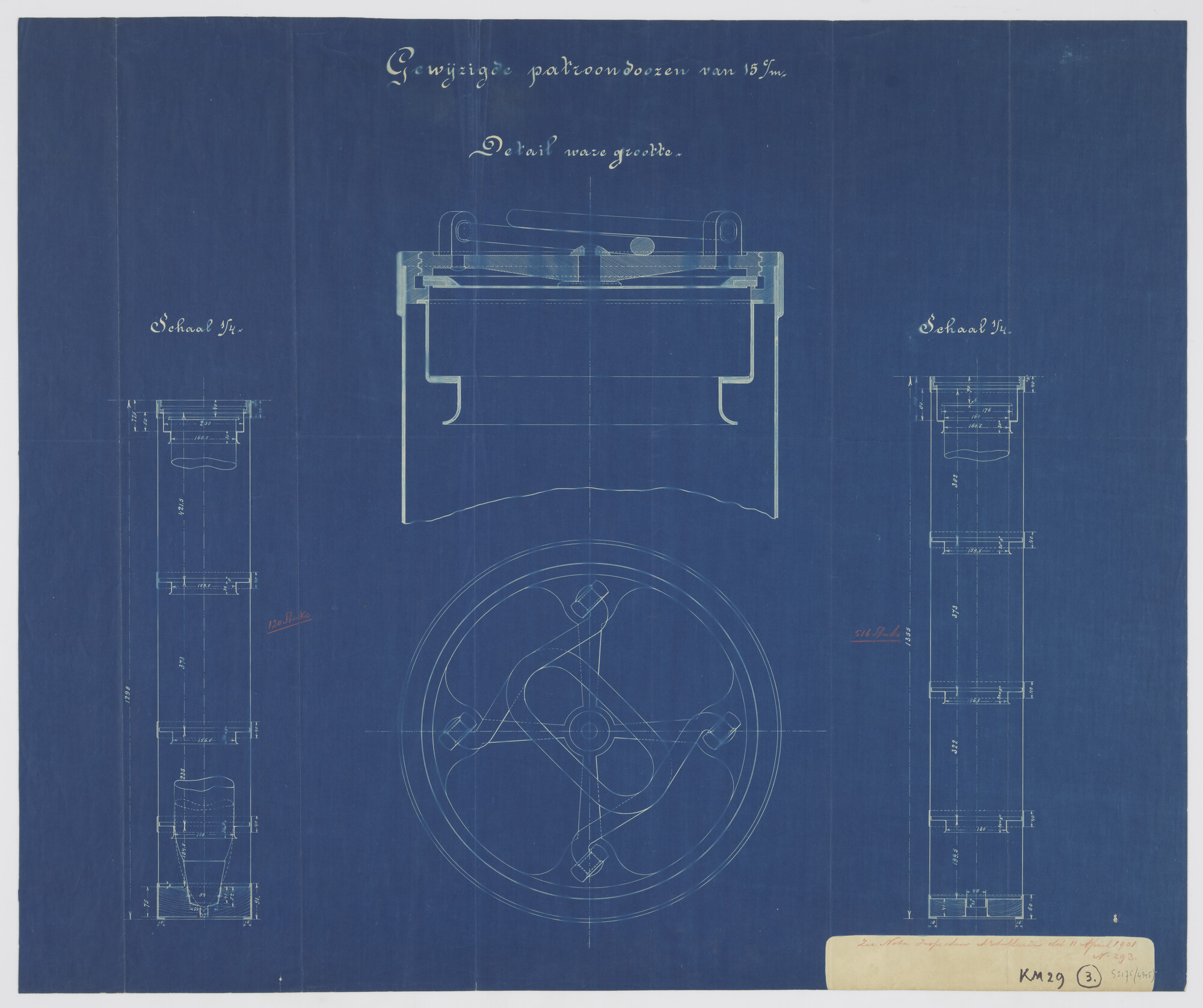 S.2175(4345); Doorsneden van gewijzigde patroondozen van 15 cm; technische tekening