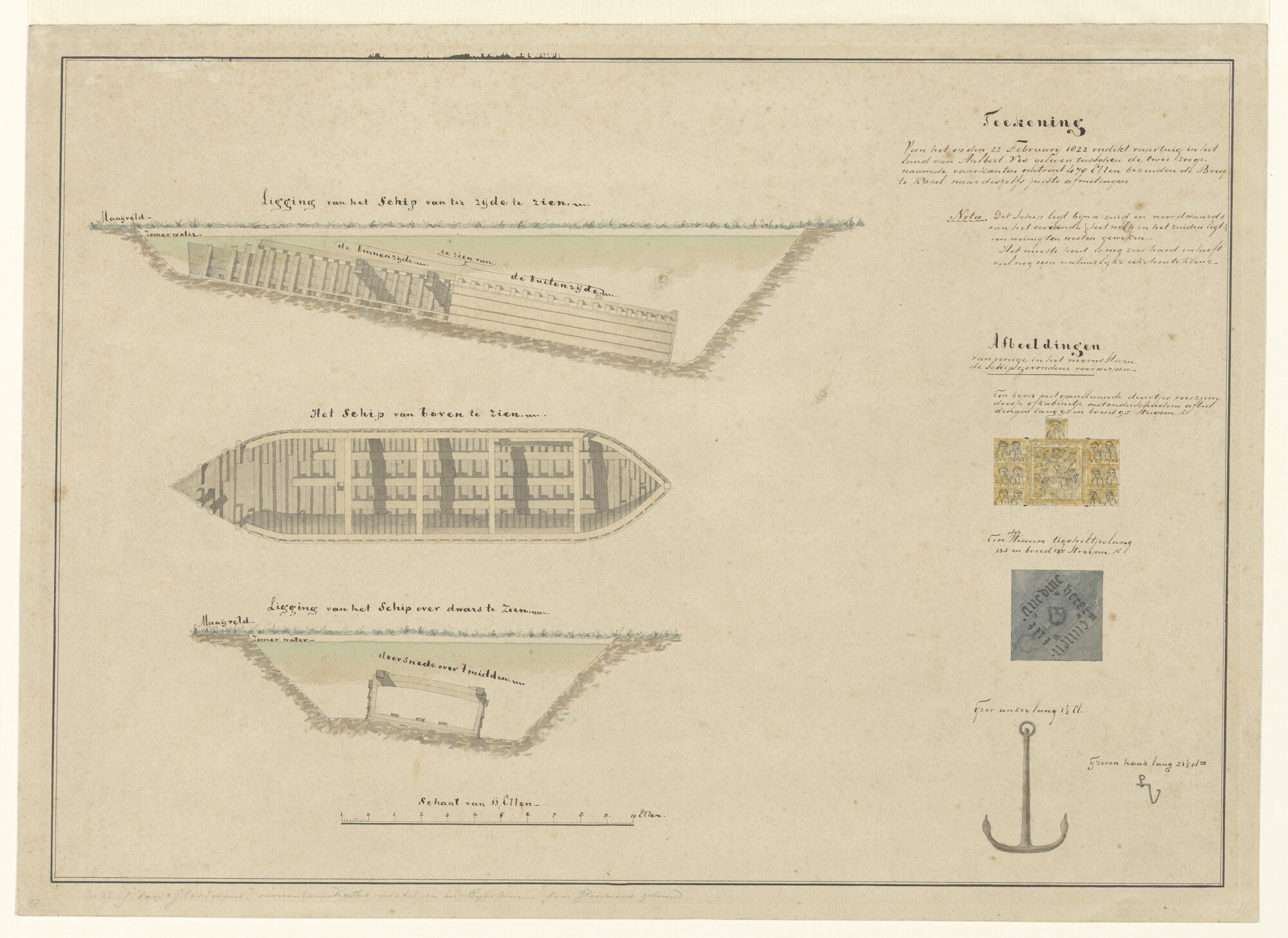 A.0149(0476); Archeologische opmeting van een scheepswrak; tekening